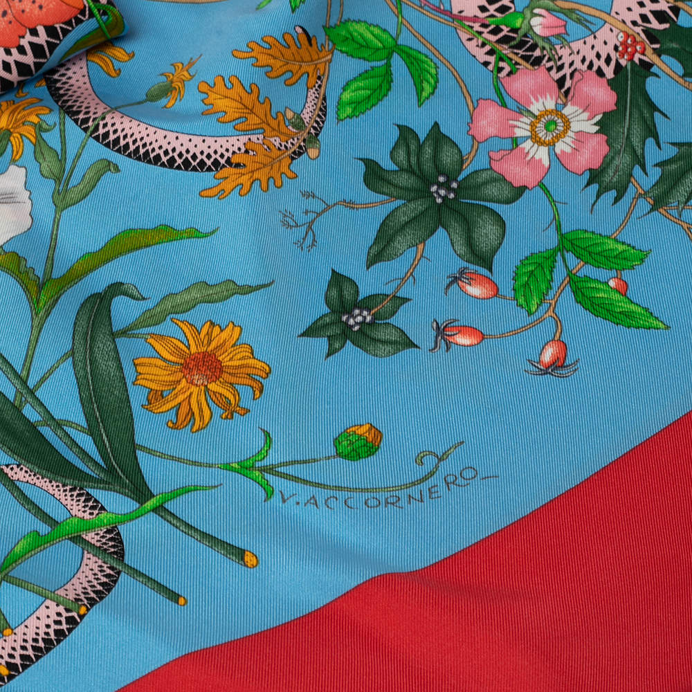 Gucci Blue Flora Snake Print Silk Scarf