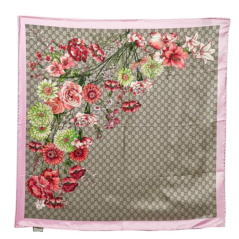 Pre Owned Gucci Multicolor Bouquets Printed Silk Square Scarf