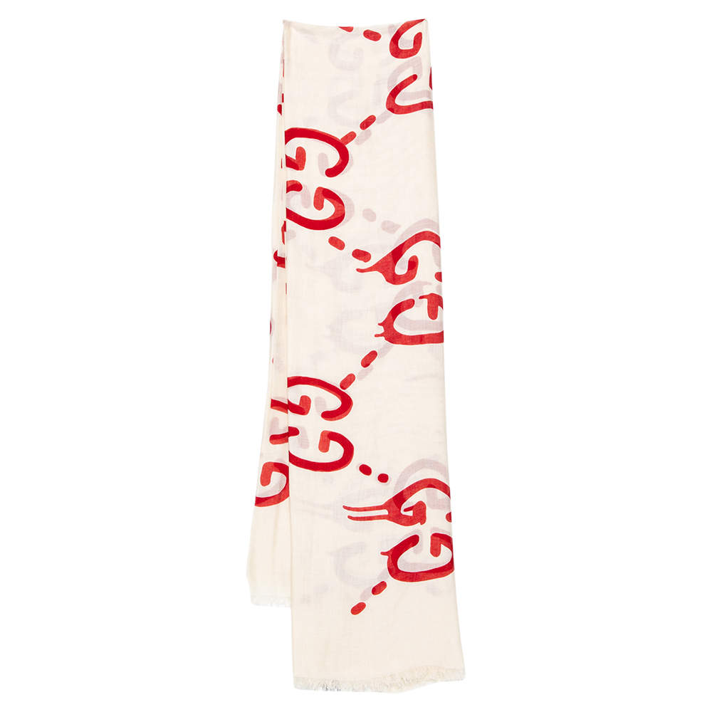Pre Owned Gucci Cream GG Logo Printed Modal Fringed Square Scarf
