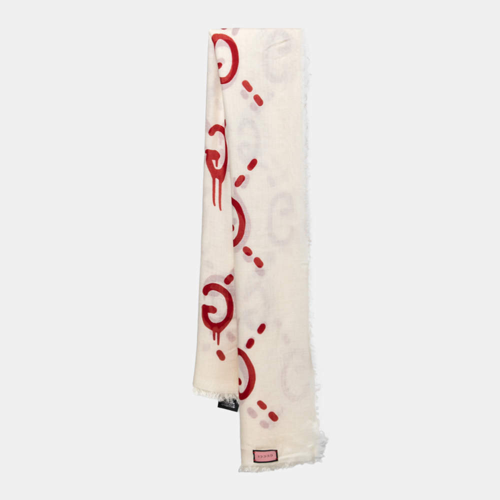 Pre Owned Gucci Cream and Red GG Ghost Print Modal & Silk Blend Scarf 