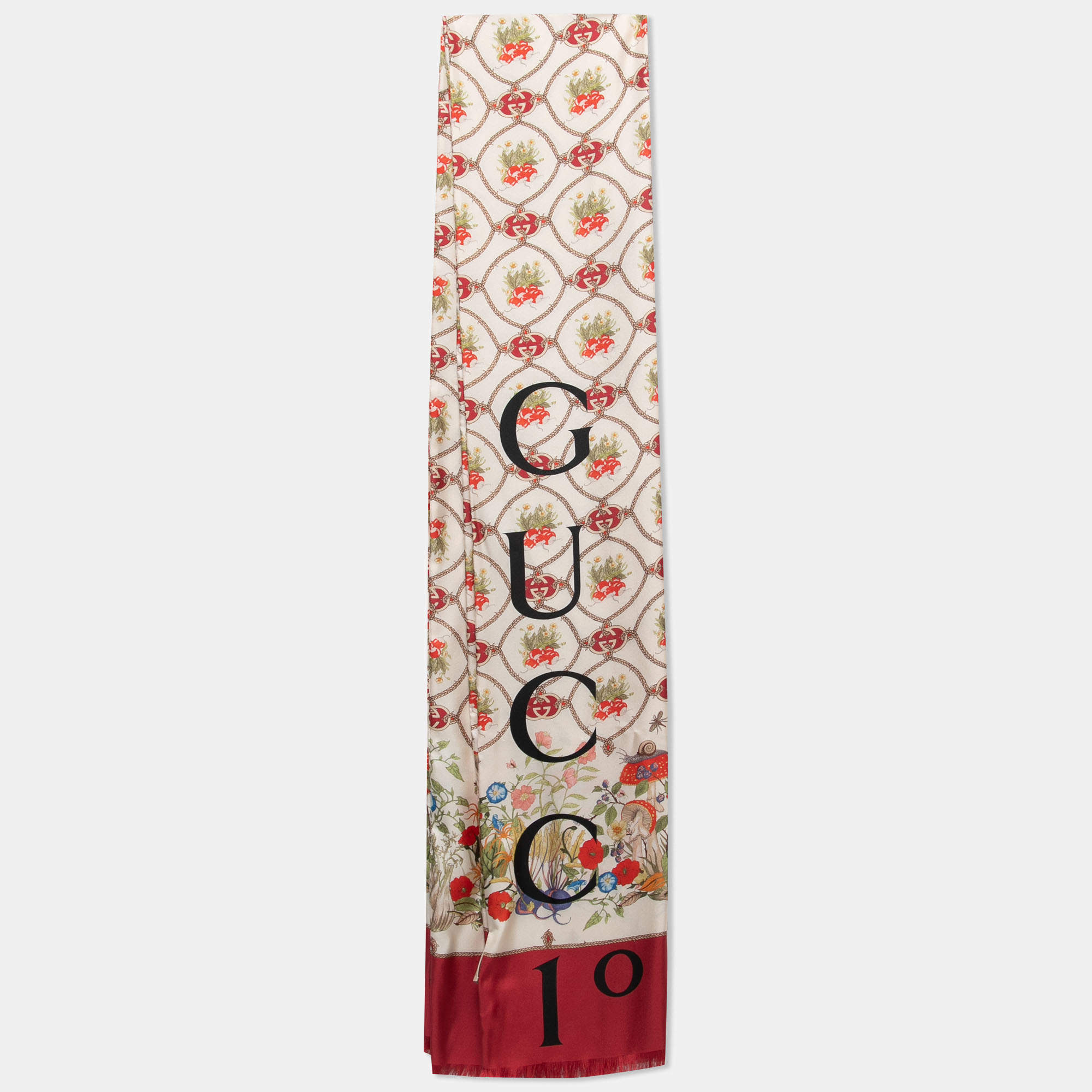 Gucci 100 Cream/Red Silk Monogram Floral Print Stole