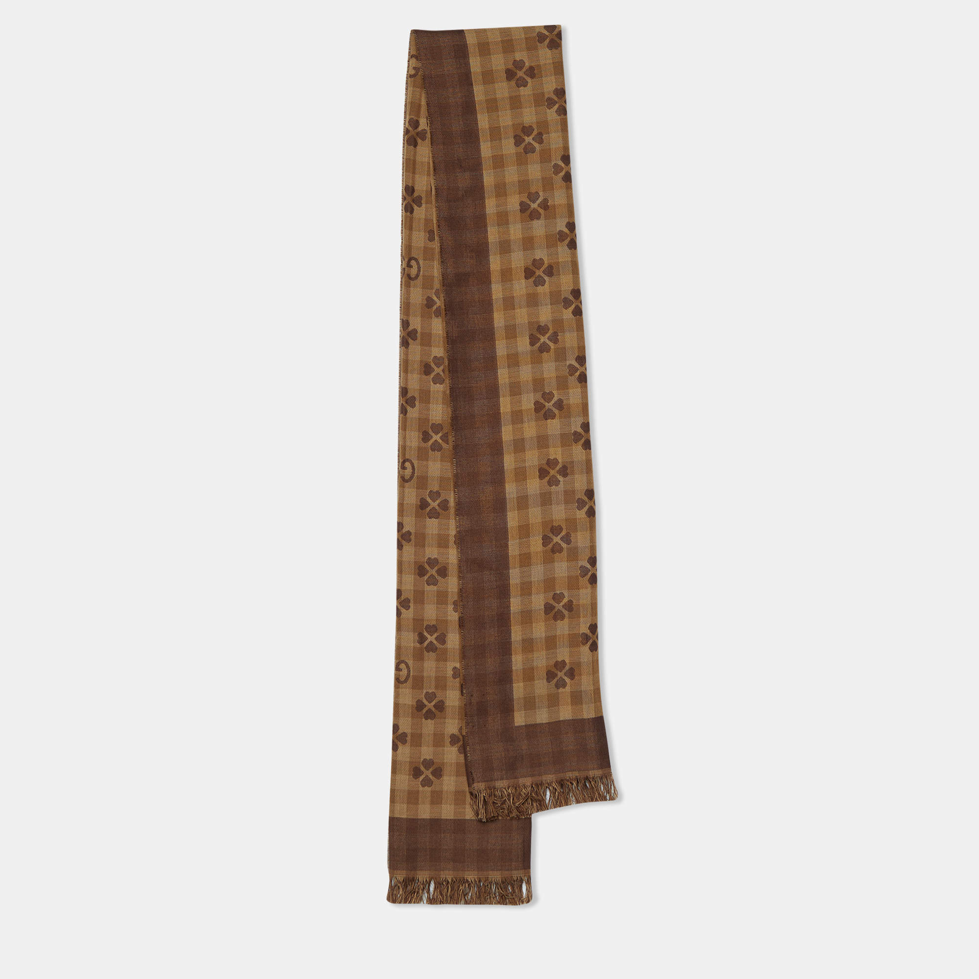 Gucci Beige & Brown Printed Cotton Fringed Scarf