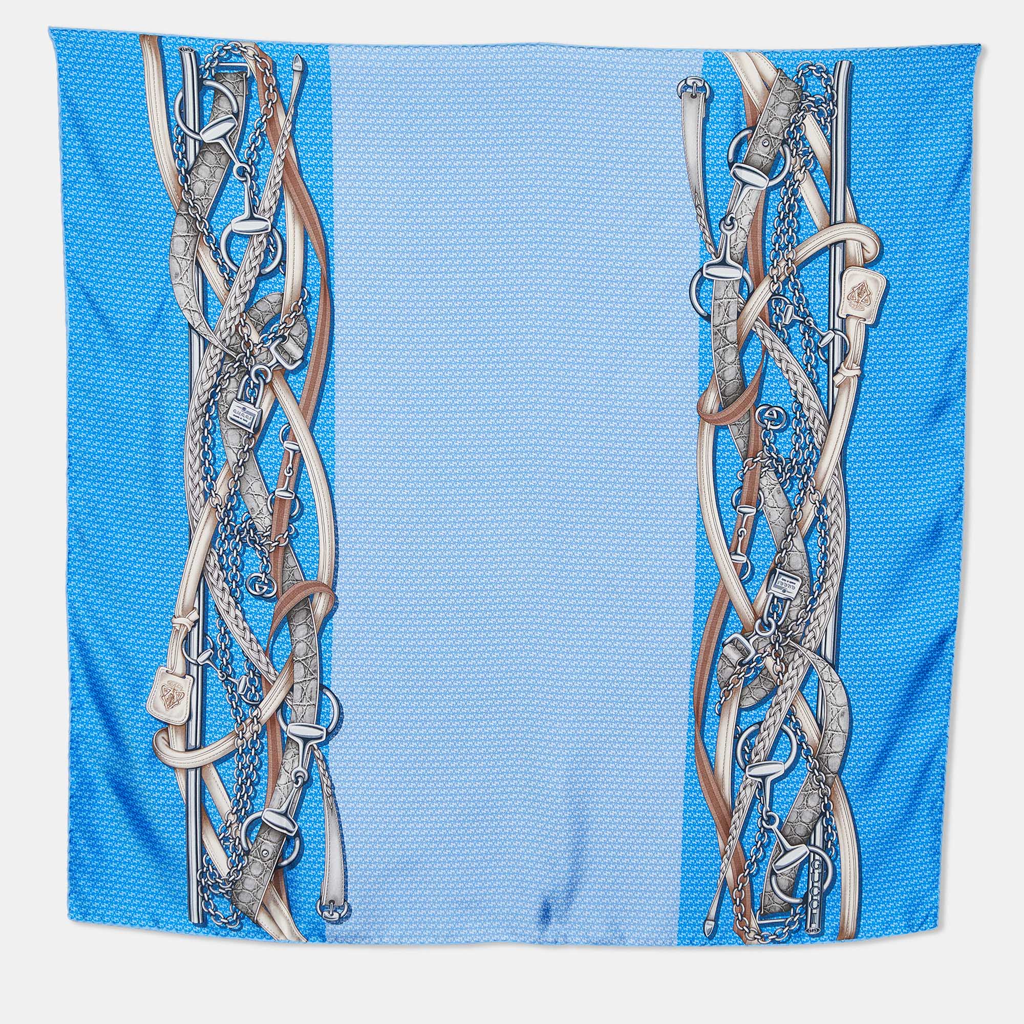 Pre Owned Gucci Blue Monogram Chain Printed Silk Square Scarf  