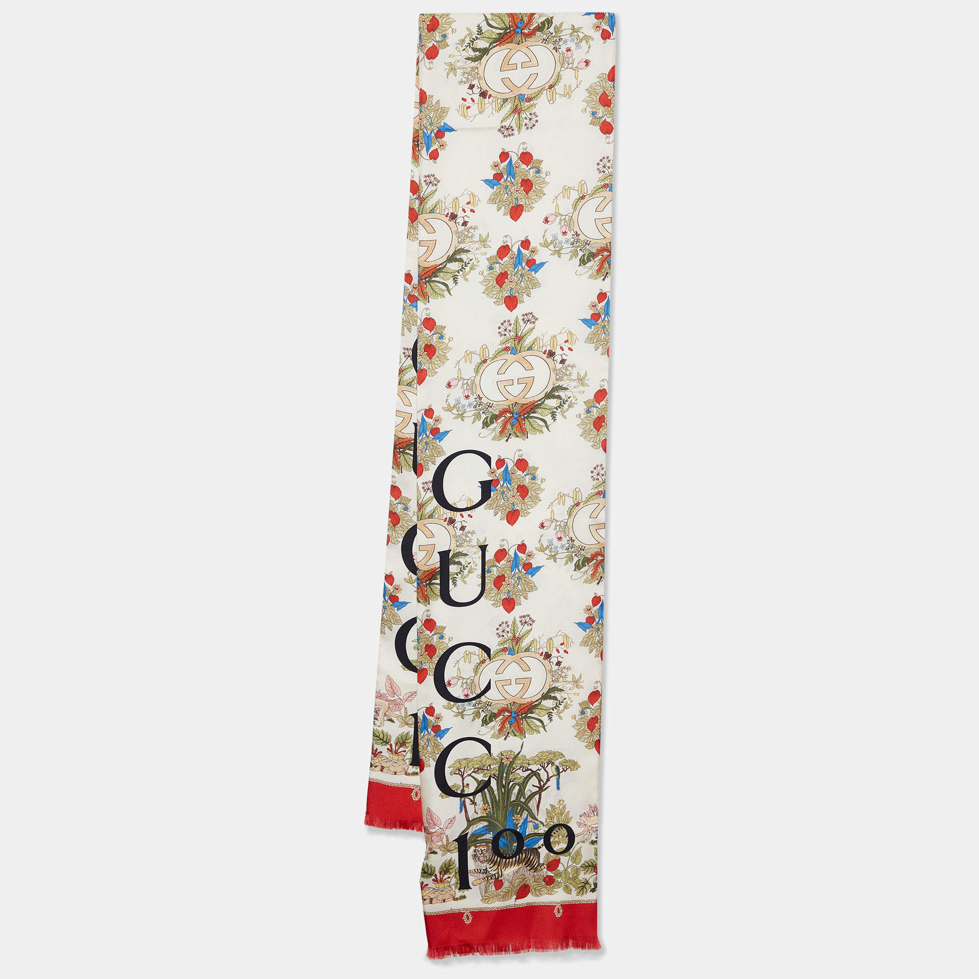 Pre Owned Gucci 100 Cream/Red year of Tiger Printed Silk Stole