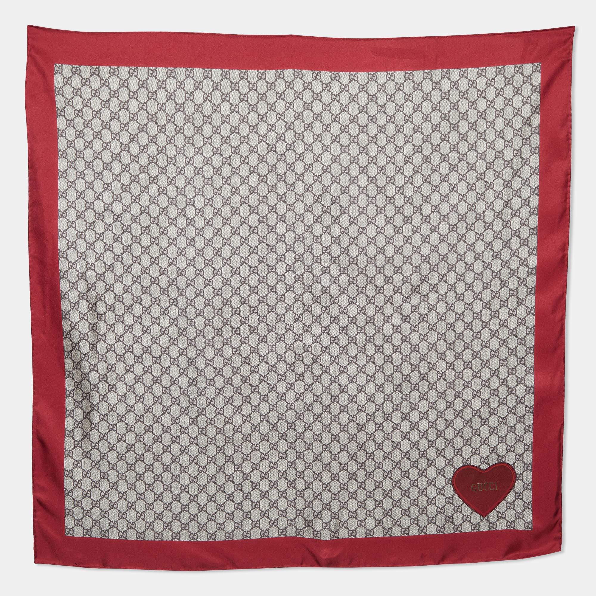 Gucci Red & Beige Monogram Printed Silk Square Scarf