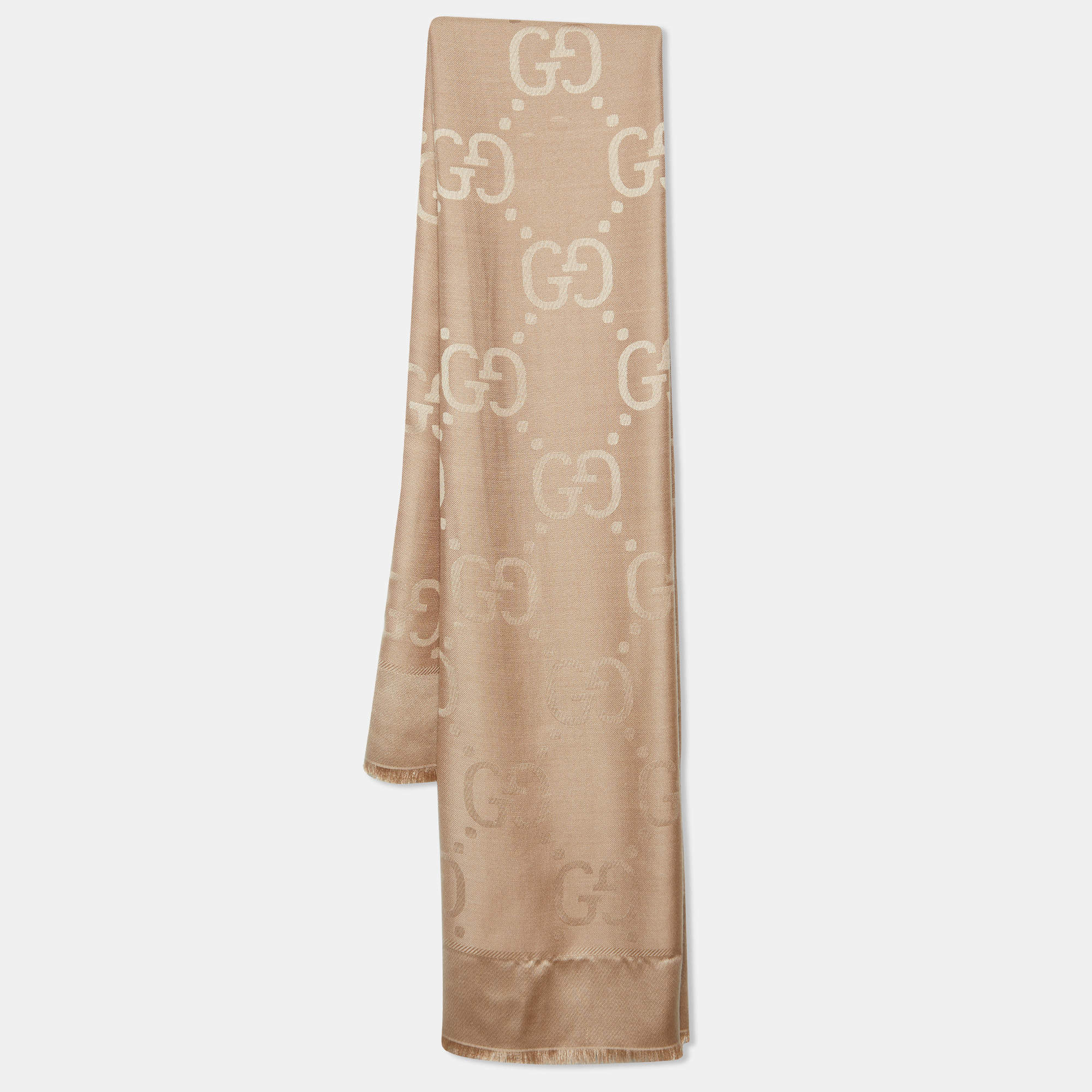 Gucci Beige Logo Jacquard Wool & Silk Shawl