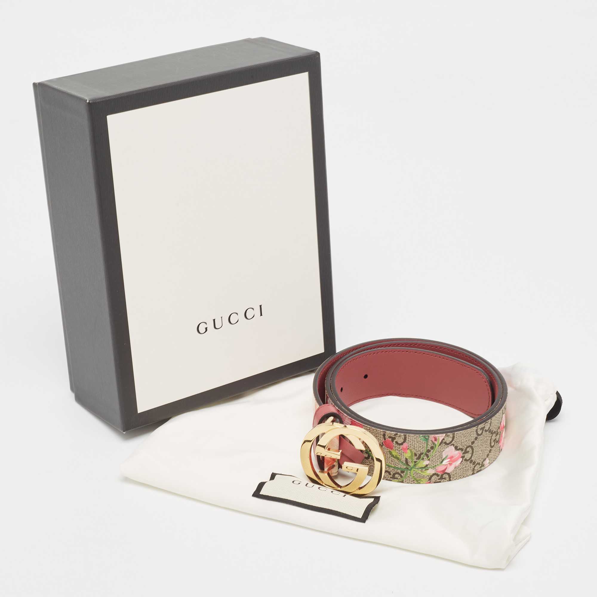 Gucci Beige/Pink GG Supreme Blooms Print Canvas Interlocking G Buckle Belt  80CM Gucci