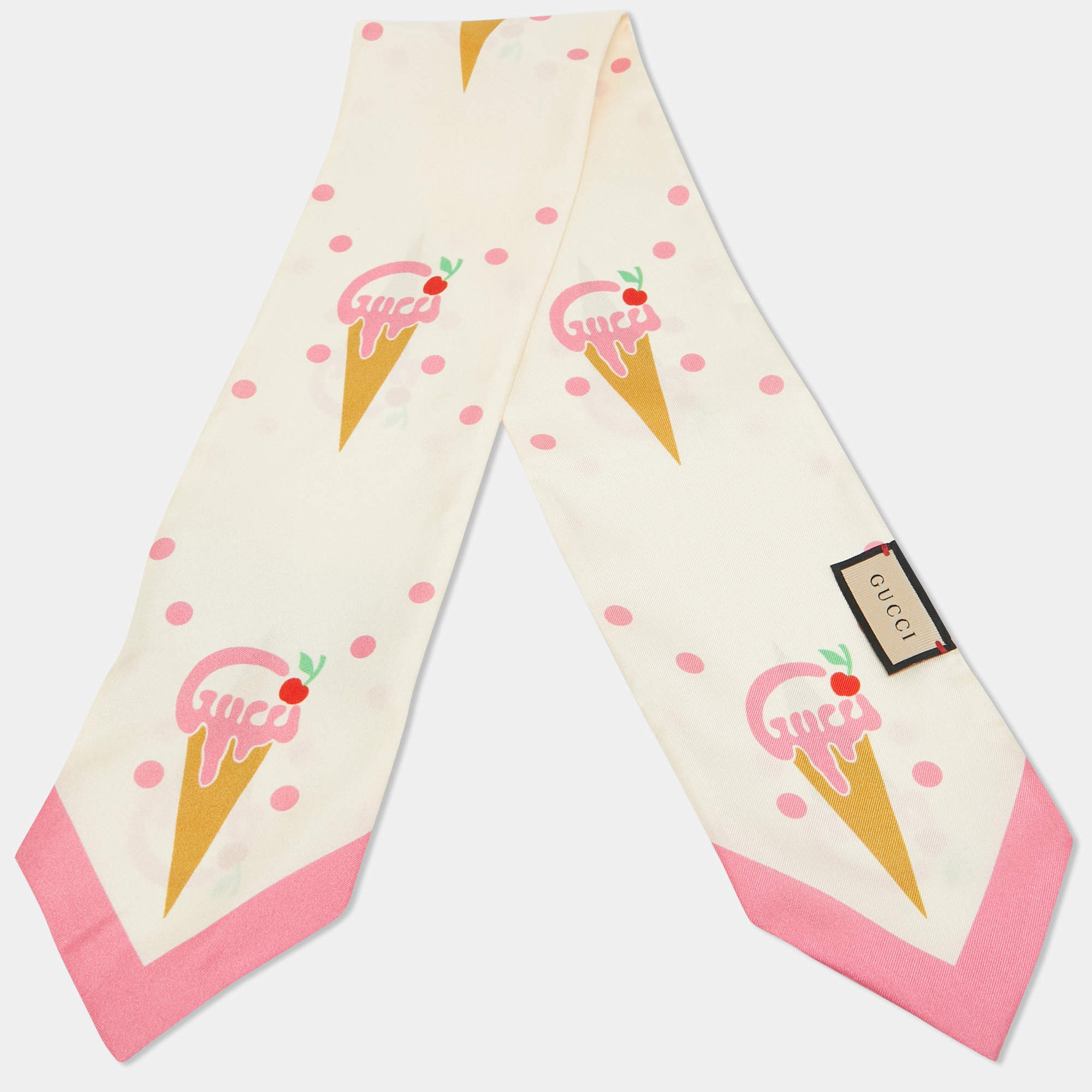 Pre Owned Gucci Pink Ice Cream Print Silk Neck Bow 