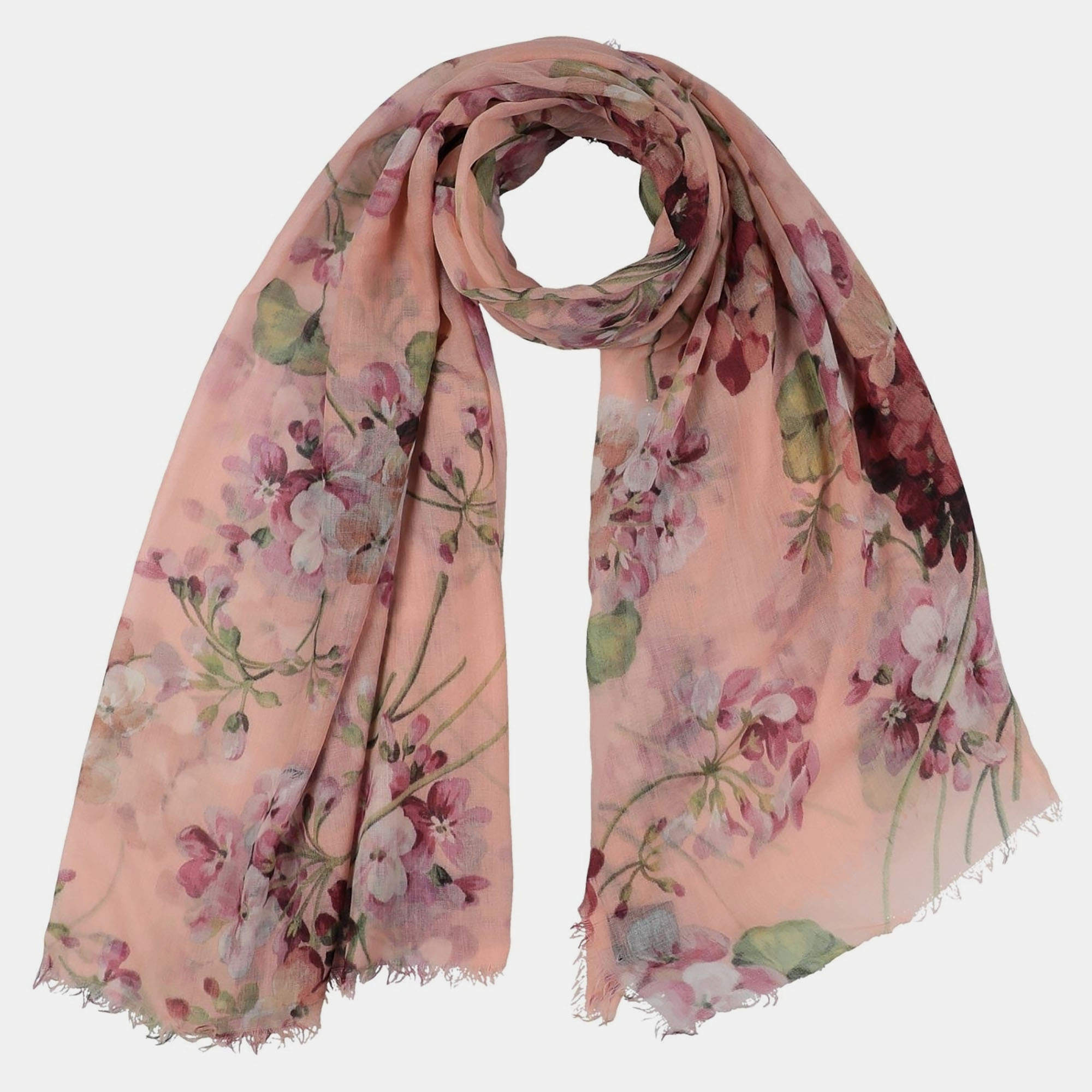 Pre Owned Gucci Coral Pink Floral Print Cashmere & Wool Scarf