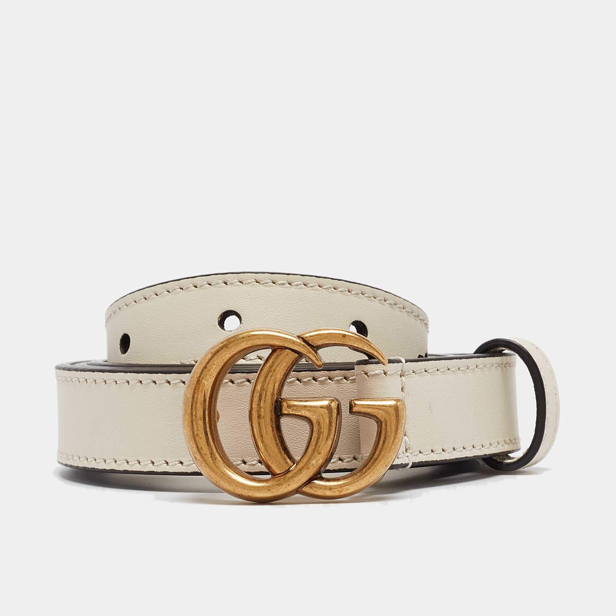 Pre Owned Gucci Cream Leather GG Marmont Buckle Slim Belt 95CM