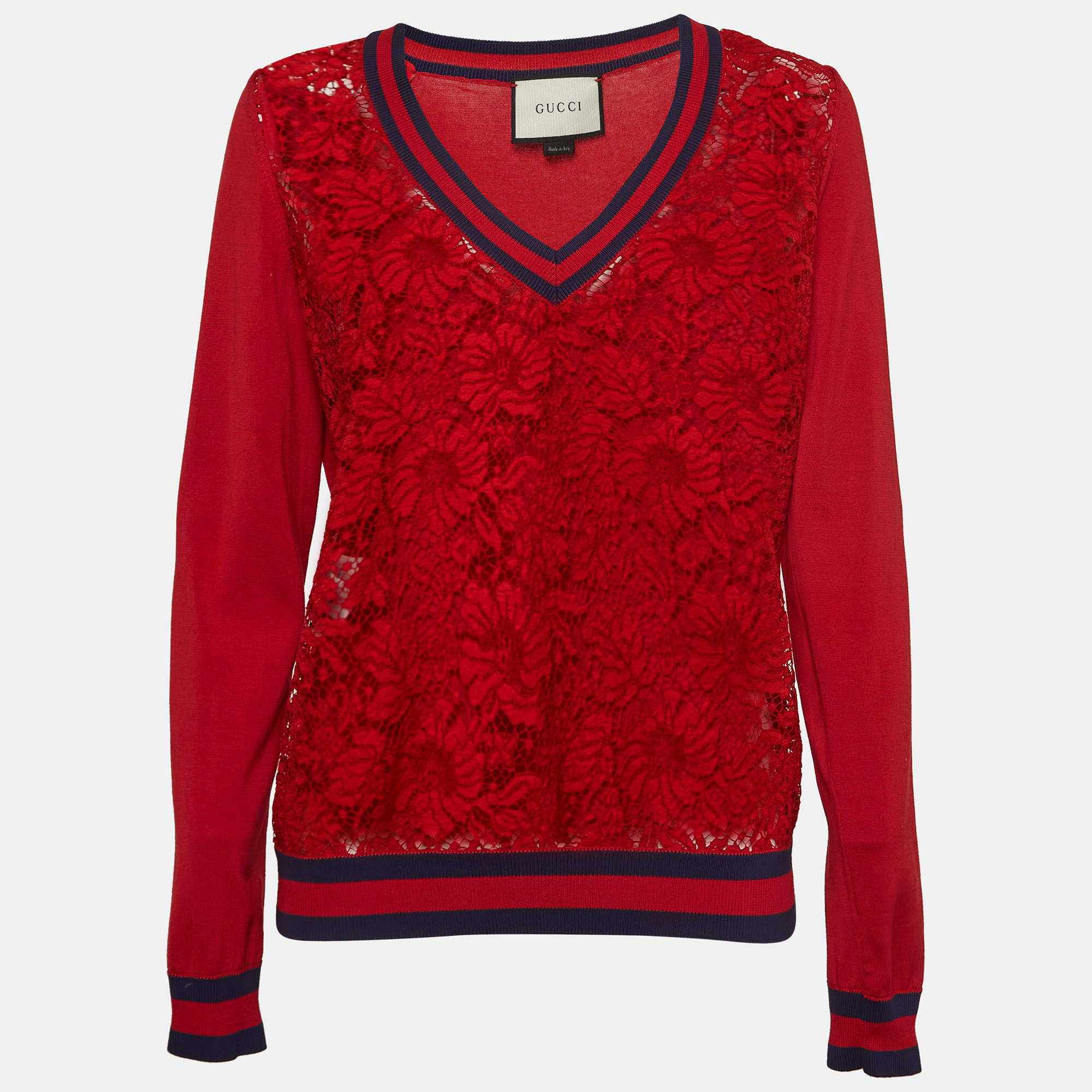 Gucci Red Lace & Knit Contrast Trimmed Sweatshirt XL
