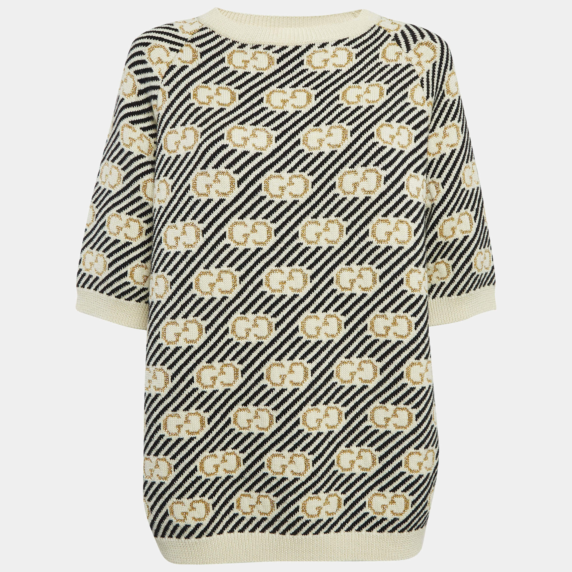 Gucci Off White/Black GG Lurex Jacquard Wool Crewneck Sweater XS