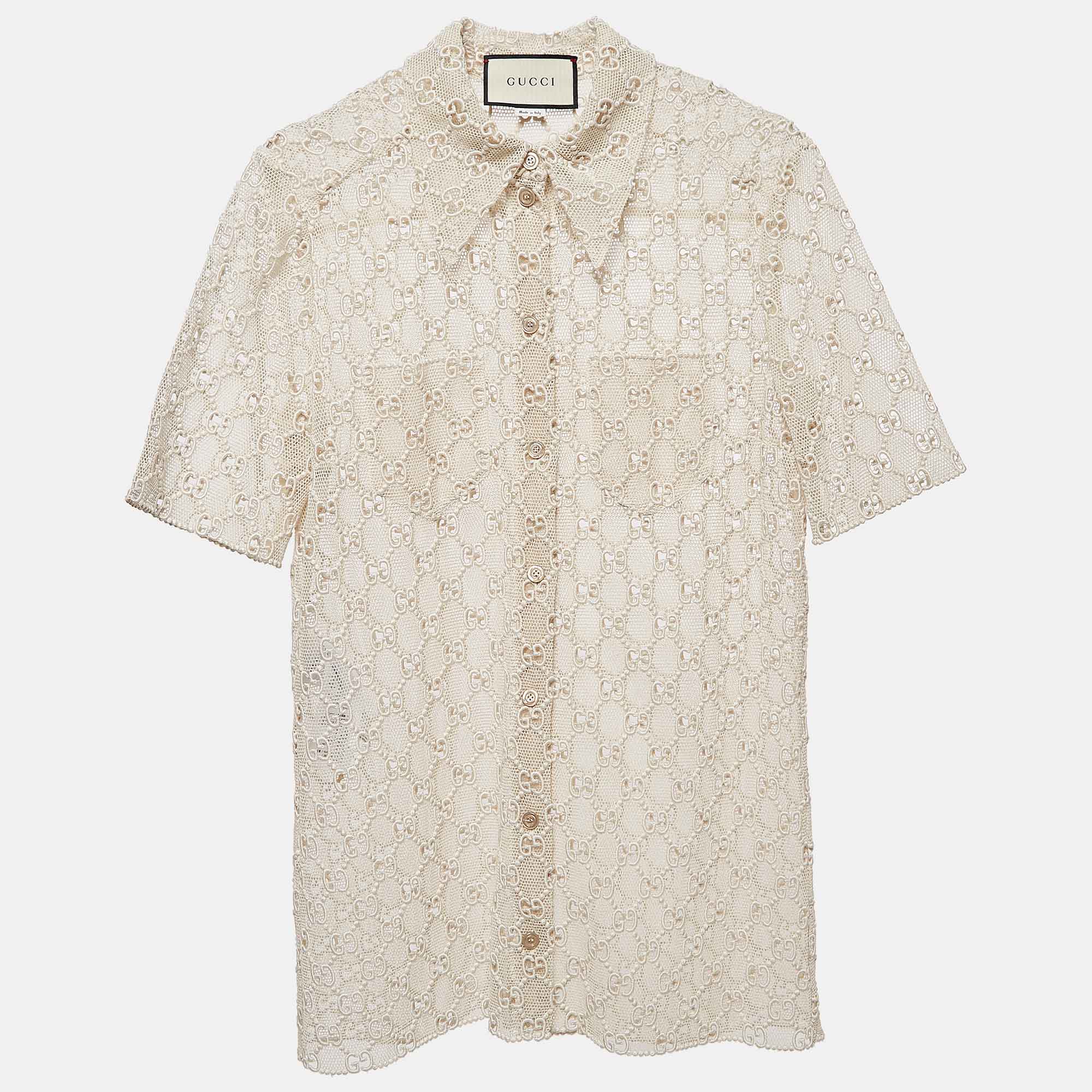 Pre Owned Gucci Beige Macrame Lace Sheer Shirt M
