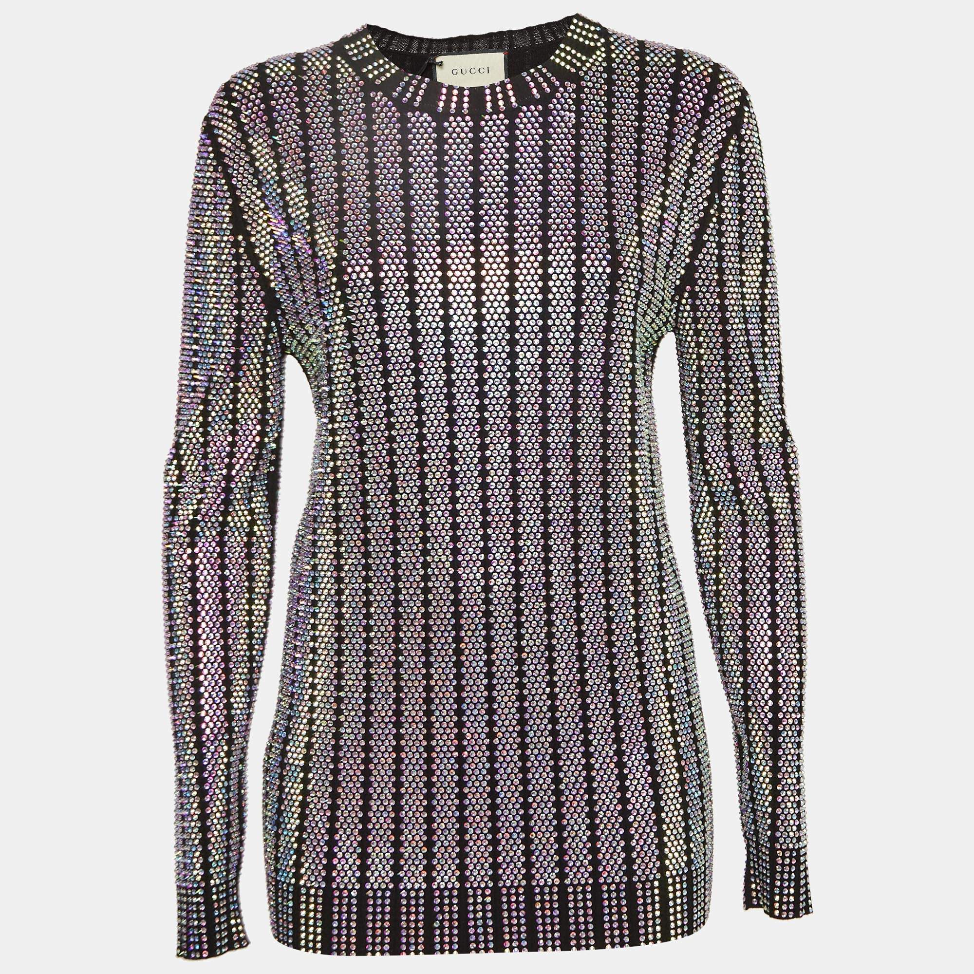 Pre Owned Gucci Black Stretch Knit Rhinestones Detail Sweater M