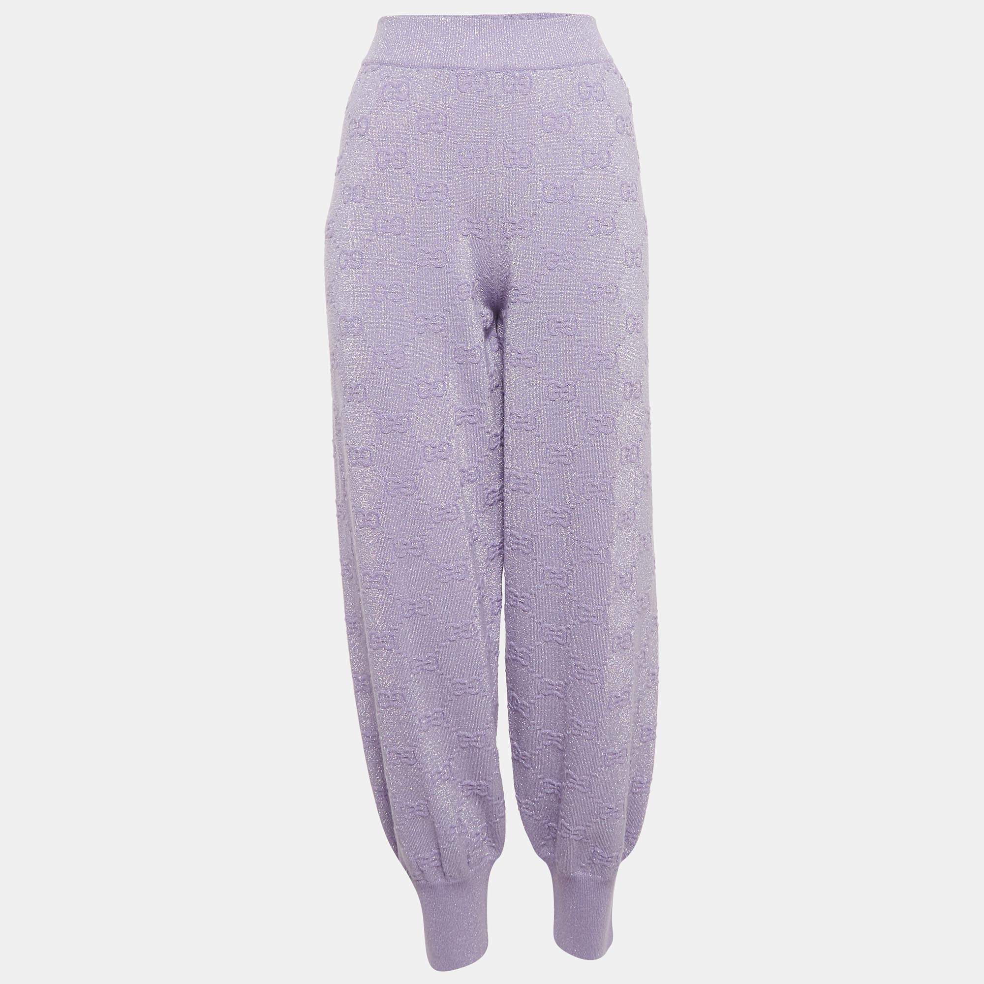 Pre Owned Gucci Light Purple GG Monogram Lurex Knit Sweatpants M