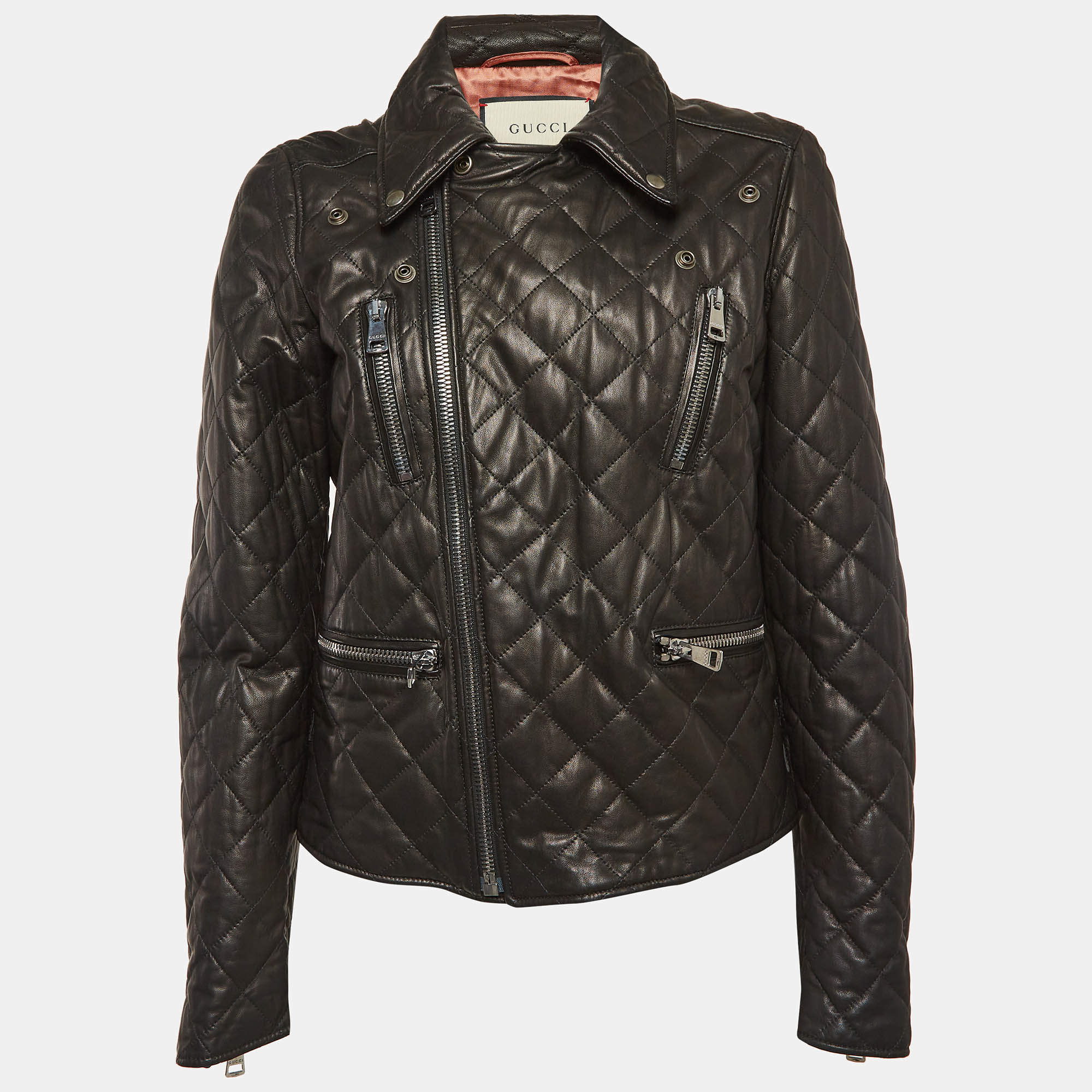 Pre Owned Gucci Black Pearl Logo Embellished Leather Biker Jacket M