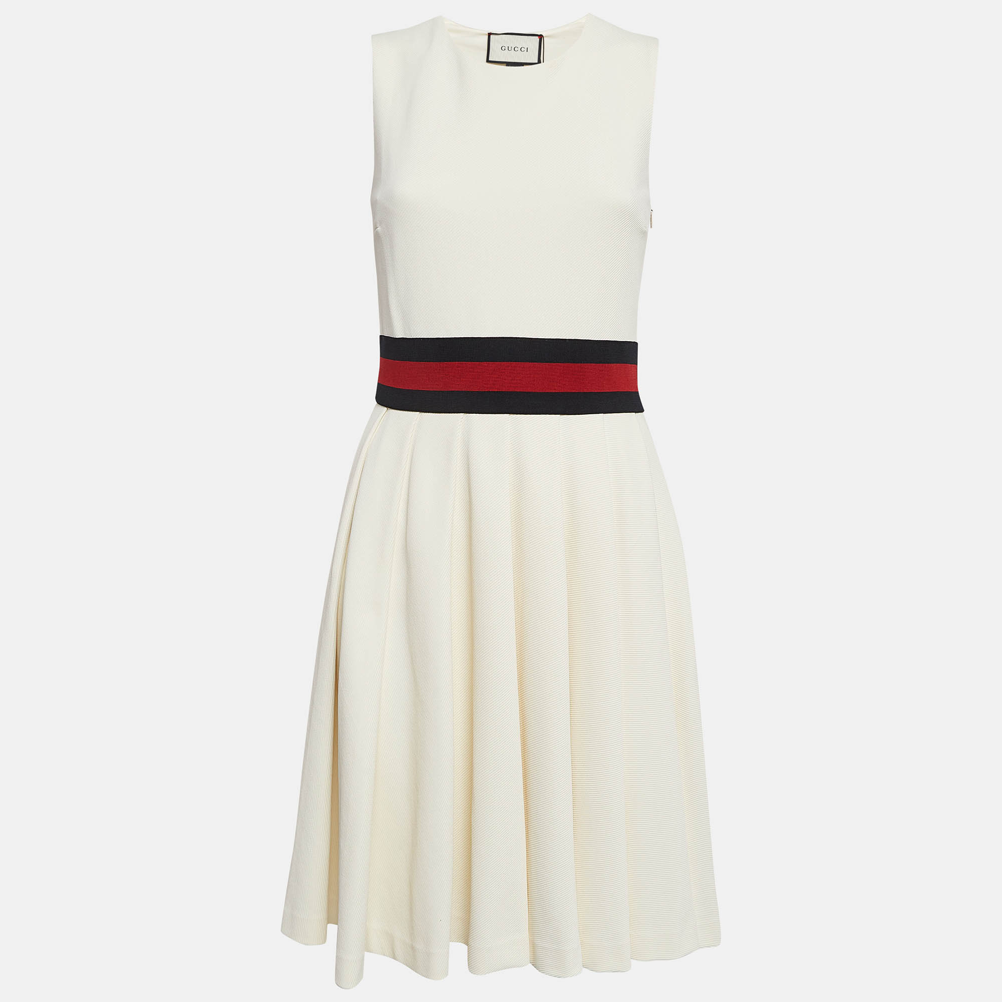 Gucci Off-White Gabardine Waist Detail Pleated Short Dress S