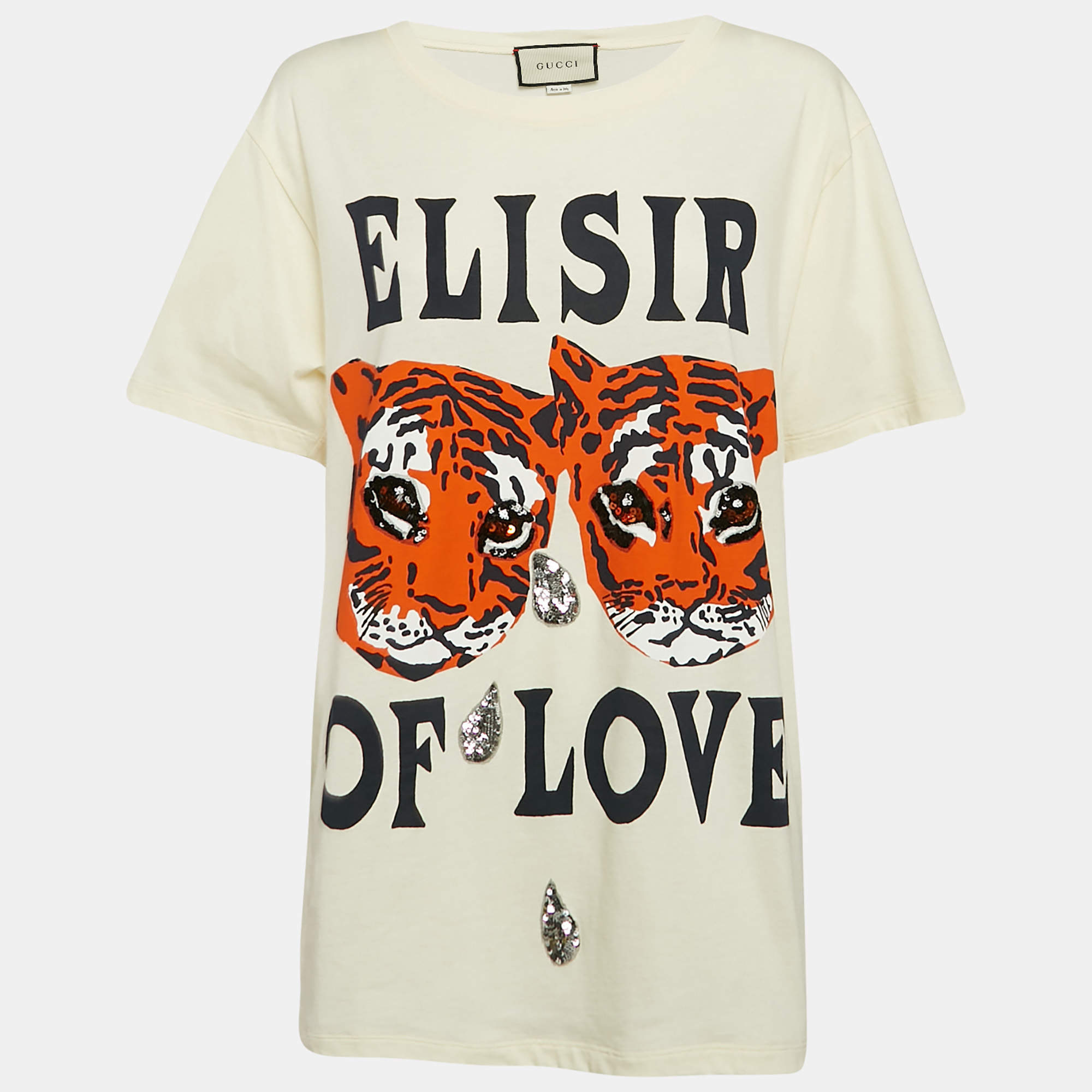 Gucci Cream Tiger Print and Sequined Cotton Oversize T-Shirt S