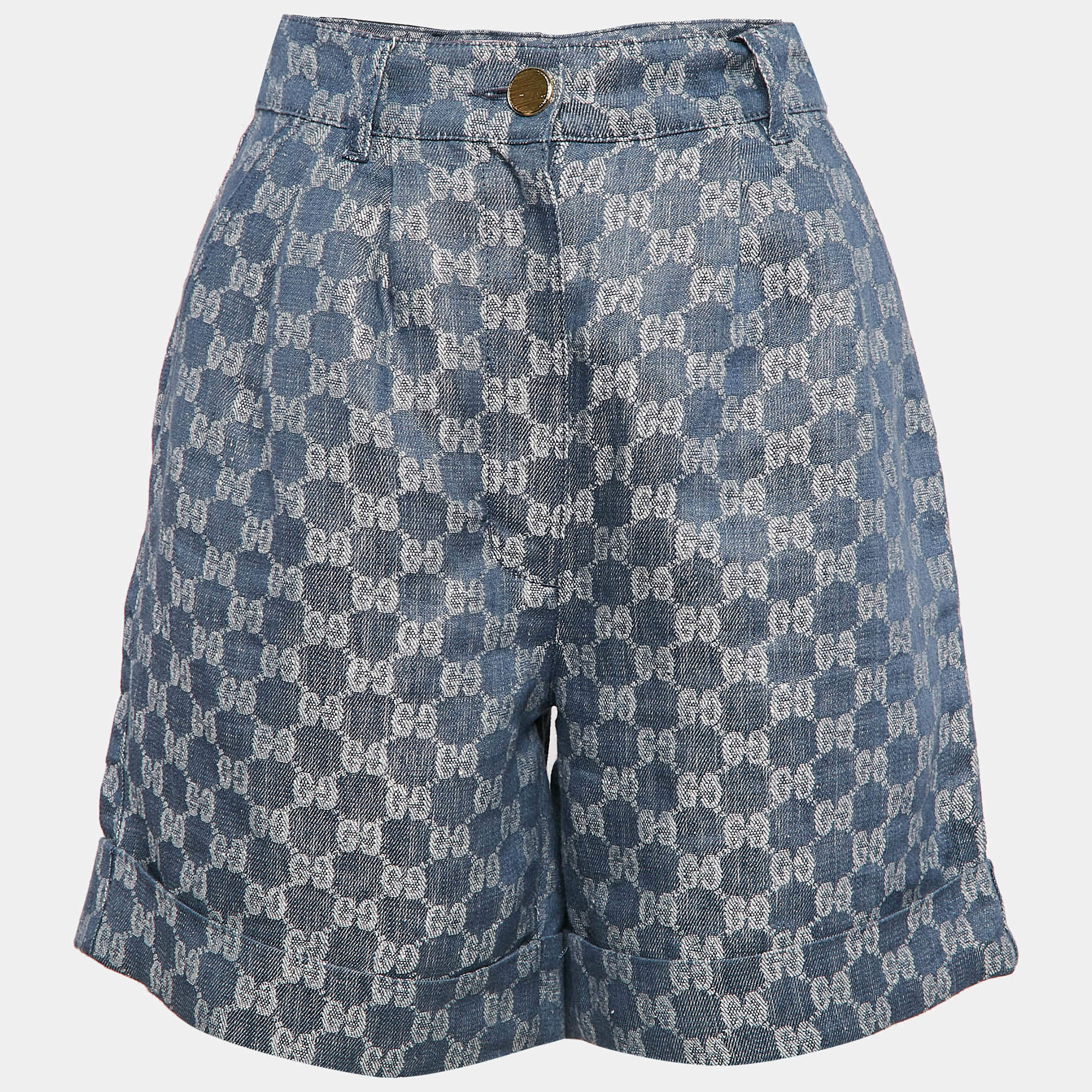 Gucci Blue GG Jacquard Denim Pleated Shorts S