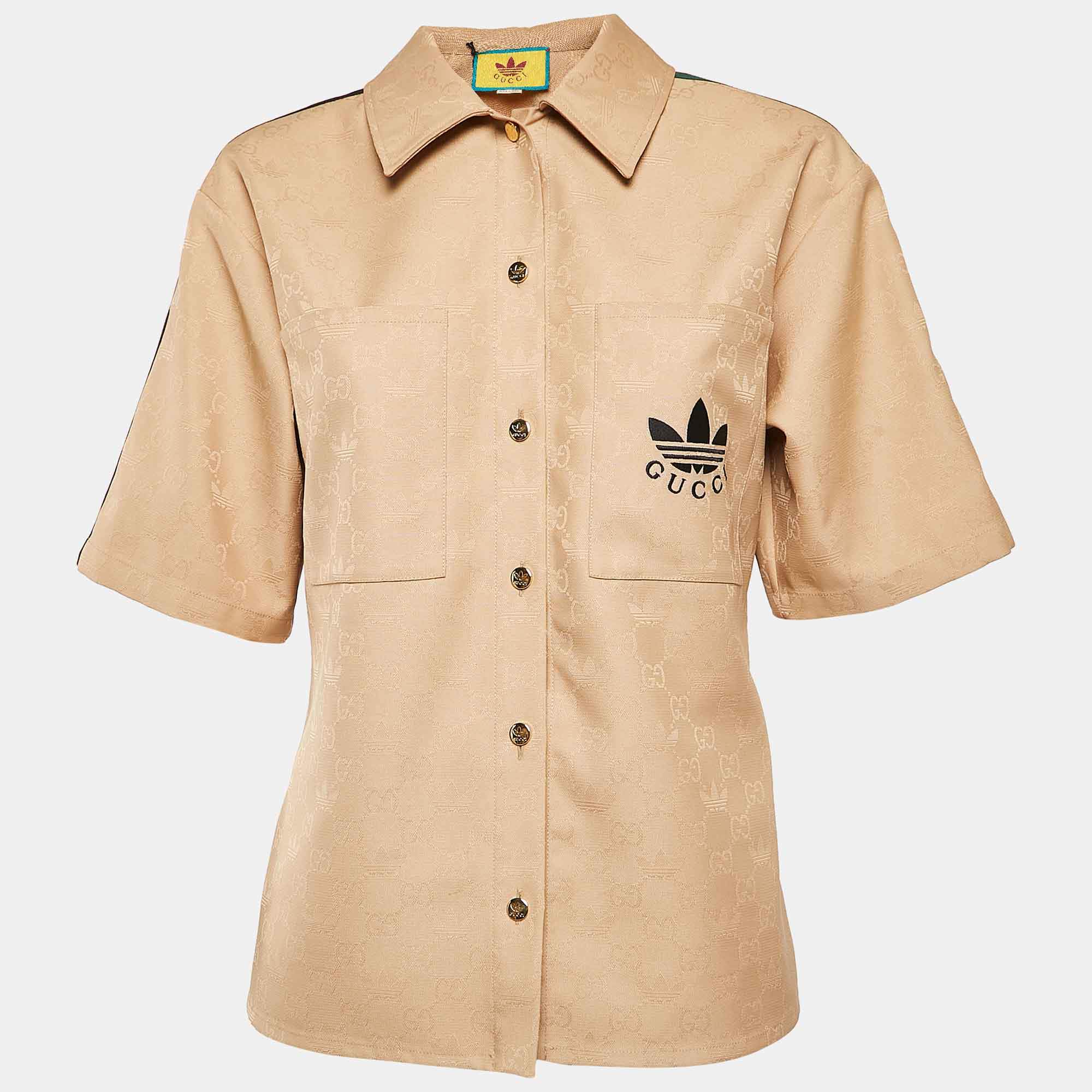 Gucci x Adidas Brown GG and Trefoil Jacquard Button-Up Shirt M