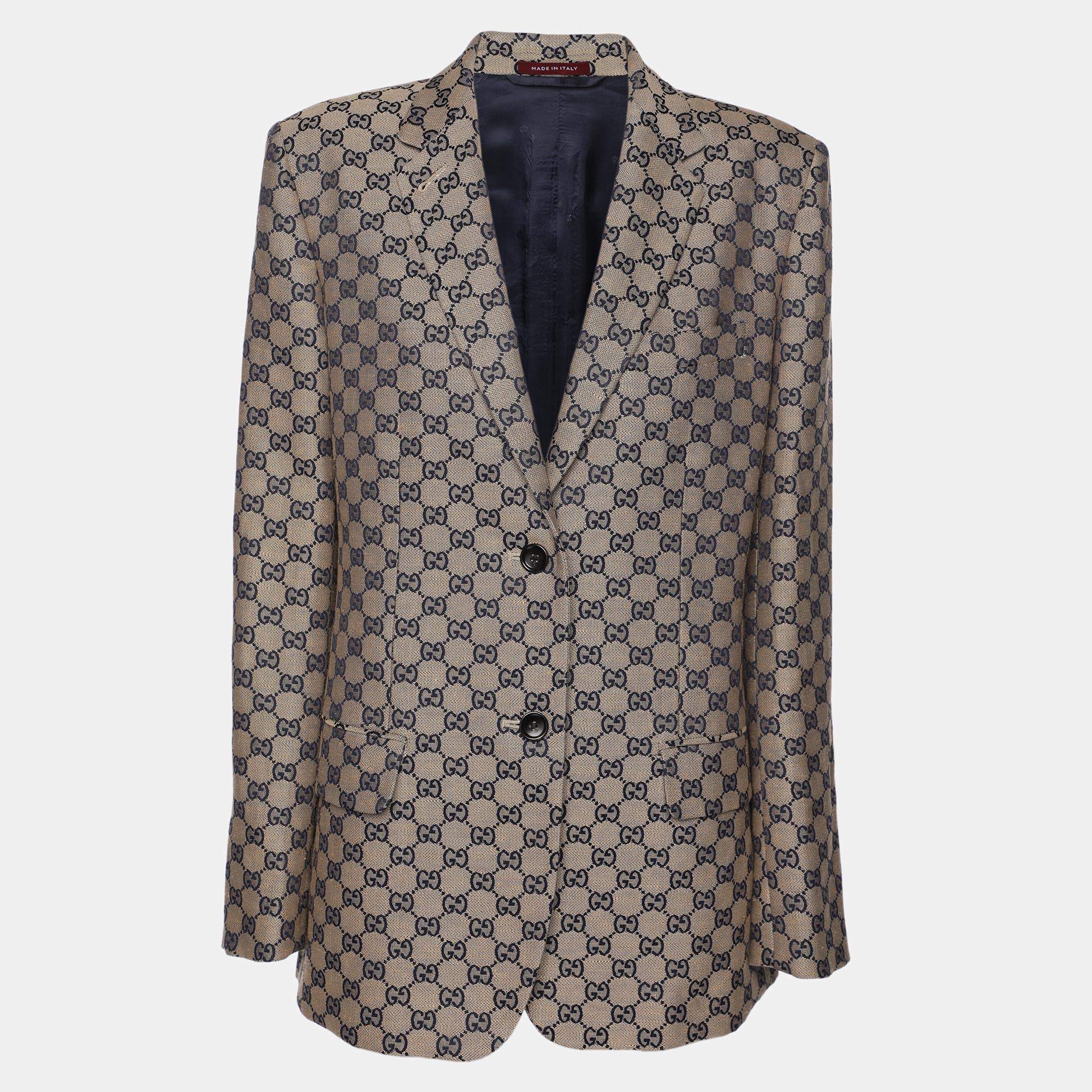 Gucci Beige/Blue GG Linen Blend Blazer M