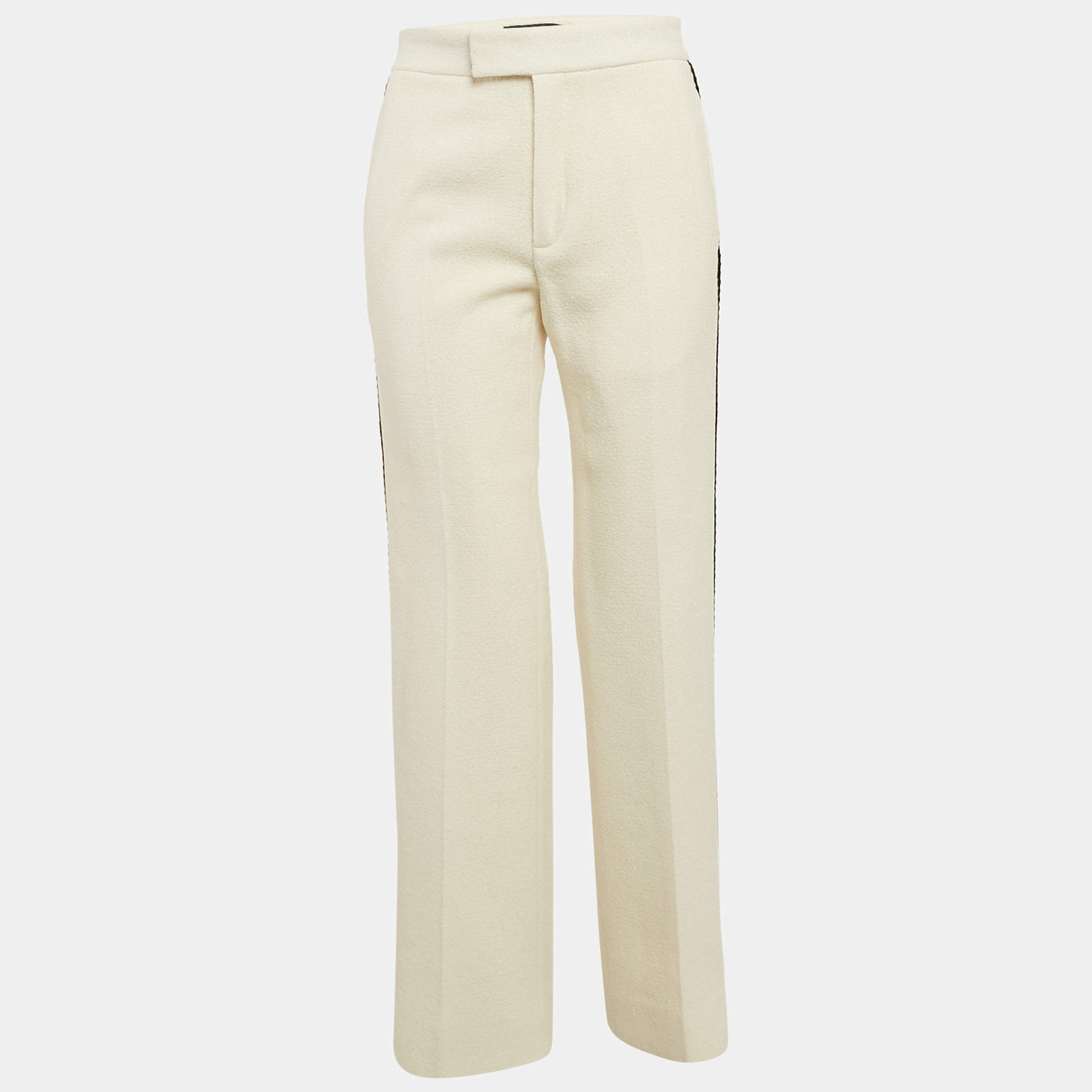 Pre Owned Gucci Cream Side Stripe Tweed Straight Leg Trousers M