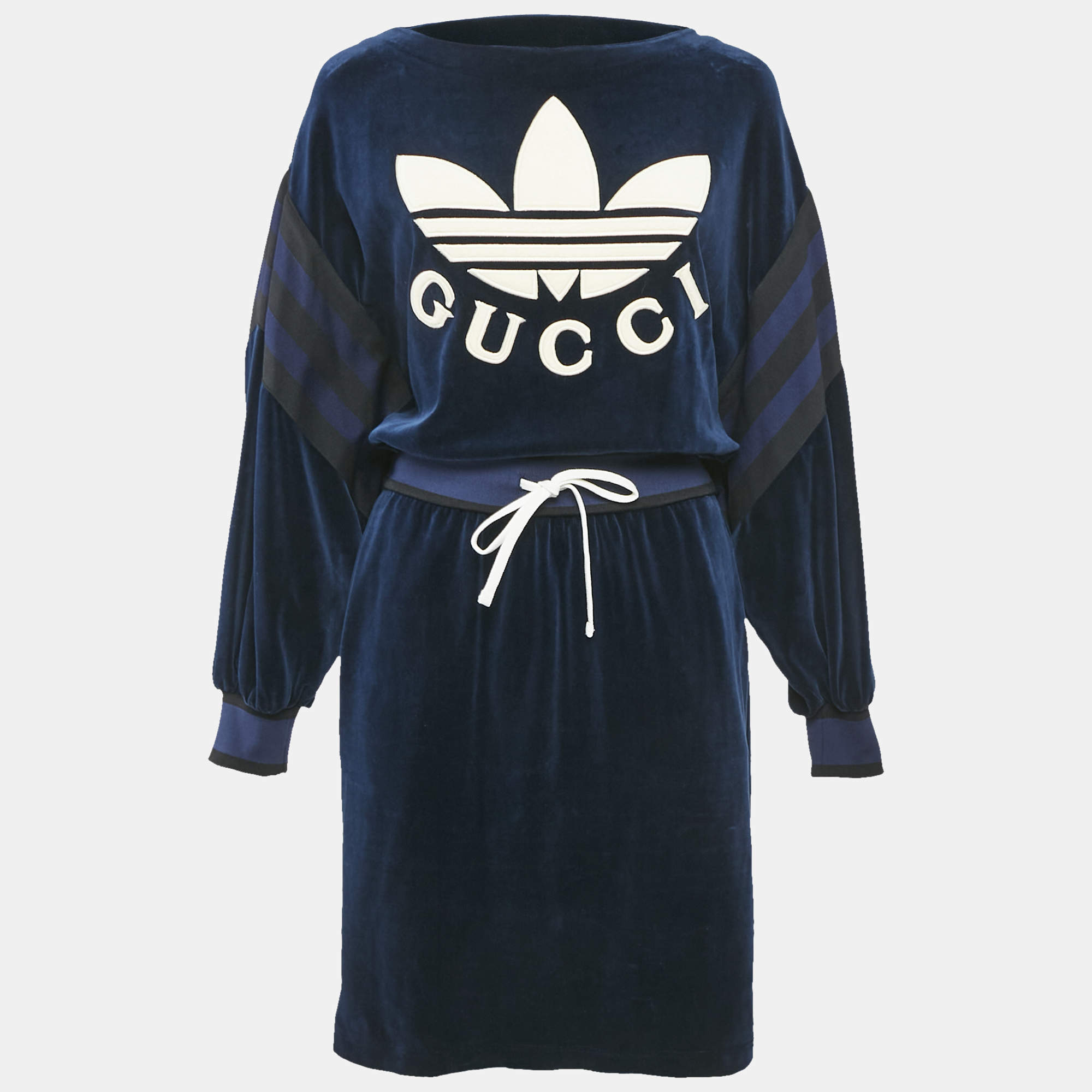 Gucci Navy Blue Velour Logo Applique Detail Short Dress S