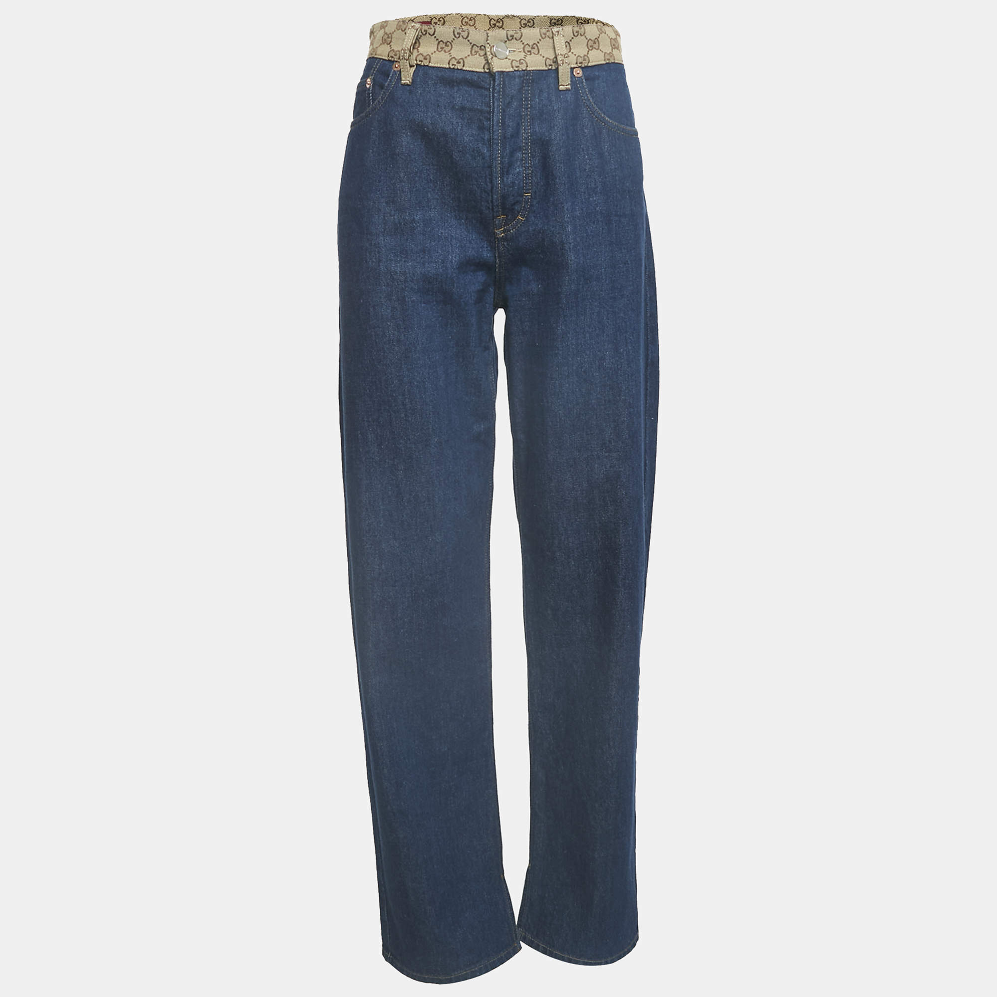 Pre Owned Gucci Blue Denim GG Jacquard Waist Detail Low Waist Jeans M Waist 28"