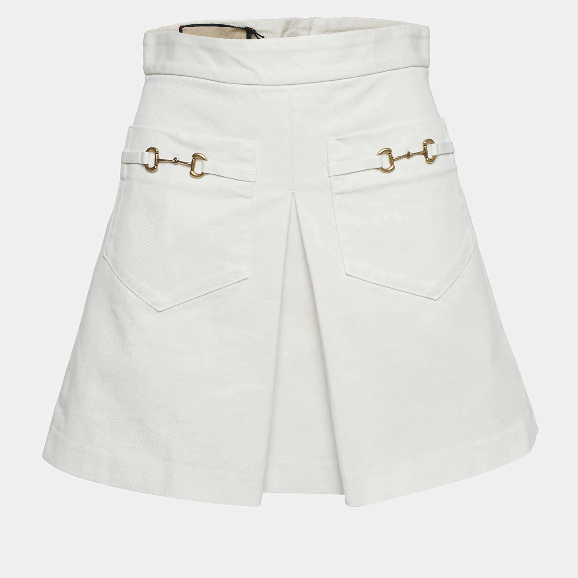 Pre Owned Gucci White Denim Horse Bit Detail Mini Skirt S