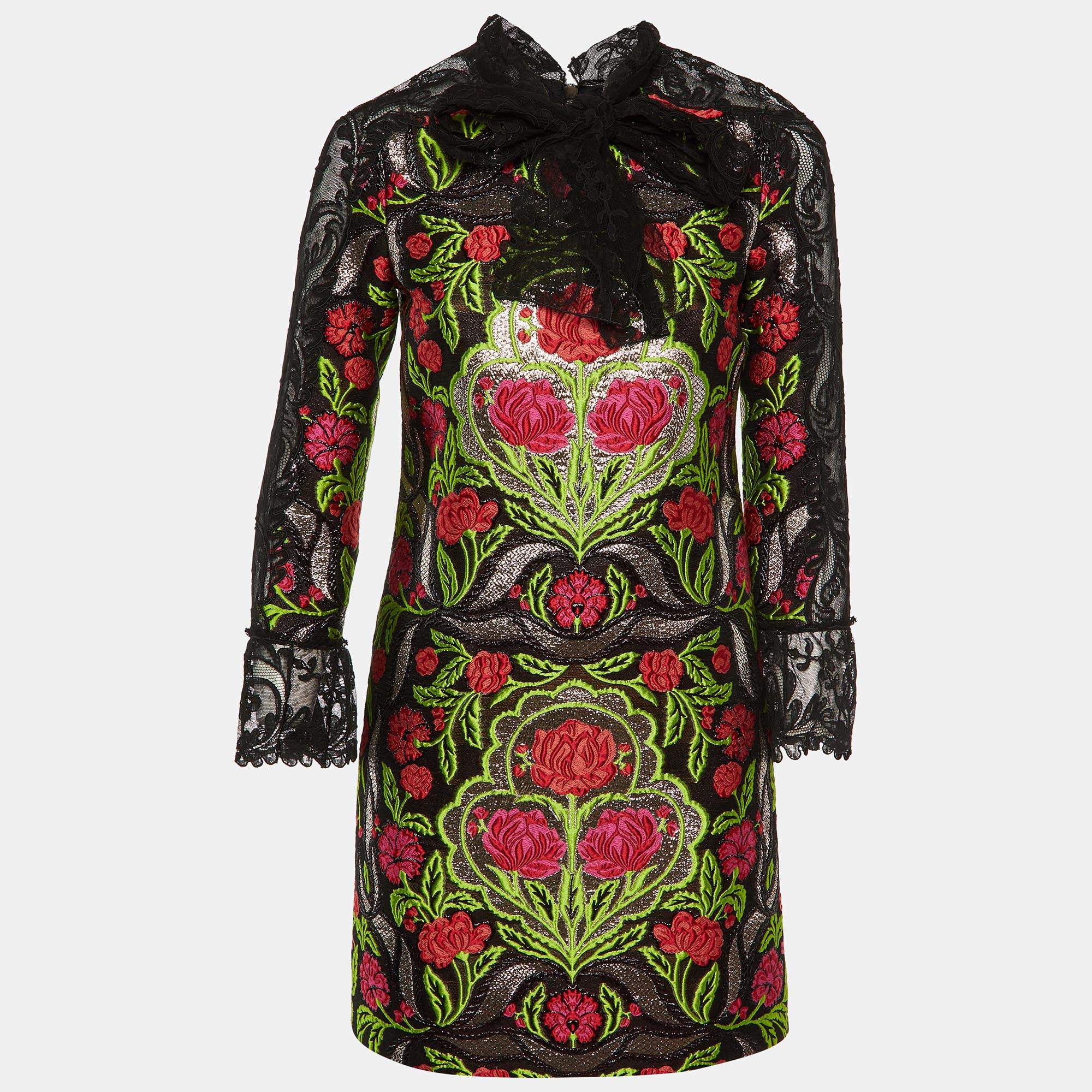 Gucci Black Floral Jacquard Lace Trim Mini Dress S