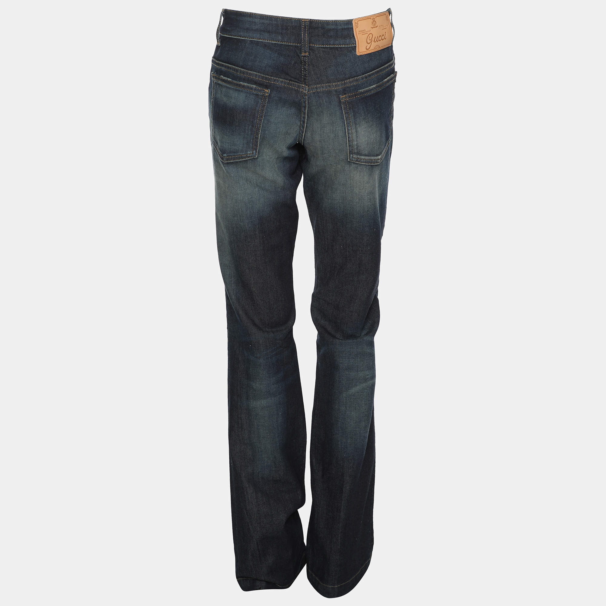 デニム・ジーパン GUCCI DENIM FLARE JEANS Gucci Blue Washed Denim Logo Patch Flared Jeans S Waist 26