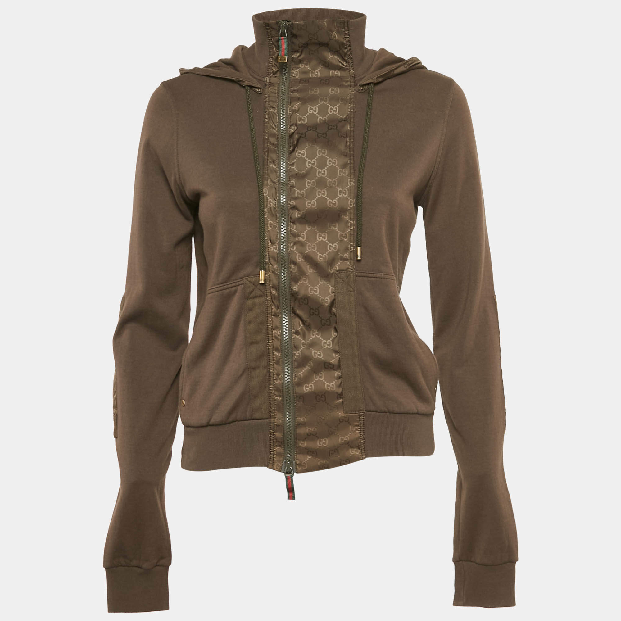 Pre Owned Gucci Khaki Green Cotton Knit Monogram Panel Detail Hooded Zip-Up Jacket S