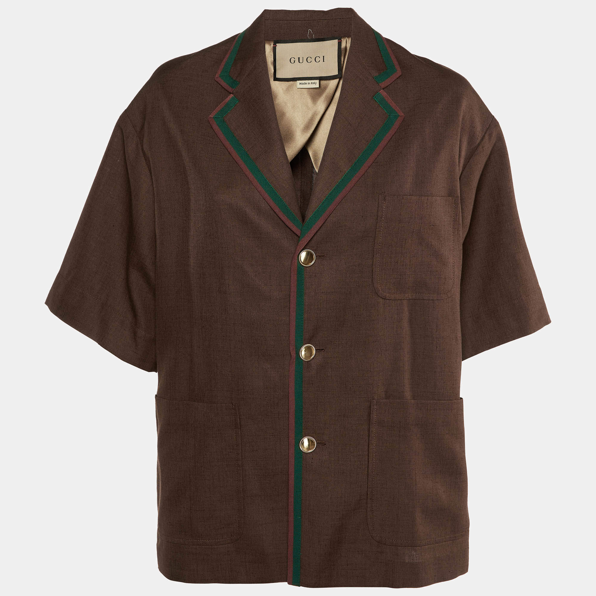 Gucci Brown Web Stripe Linen Blend Bowling Shirt S