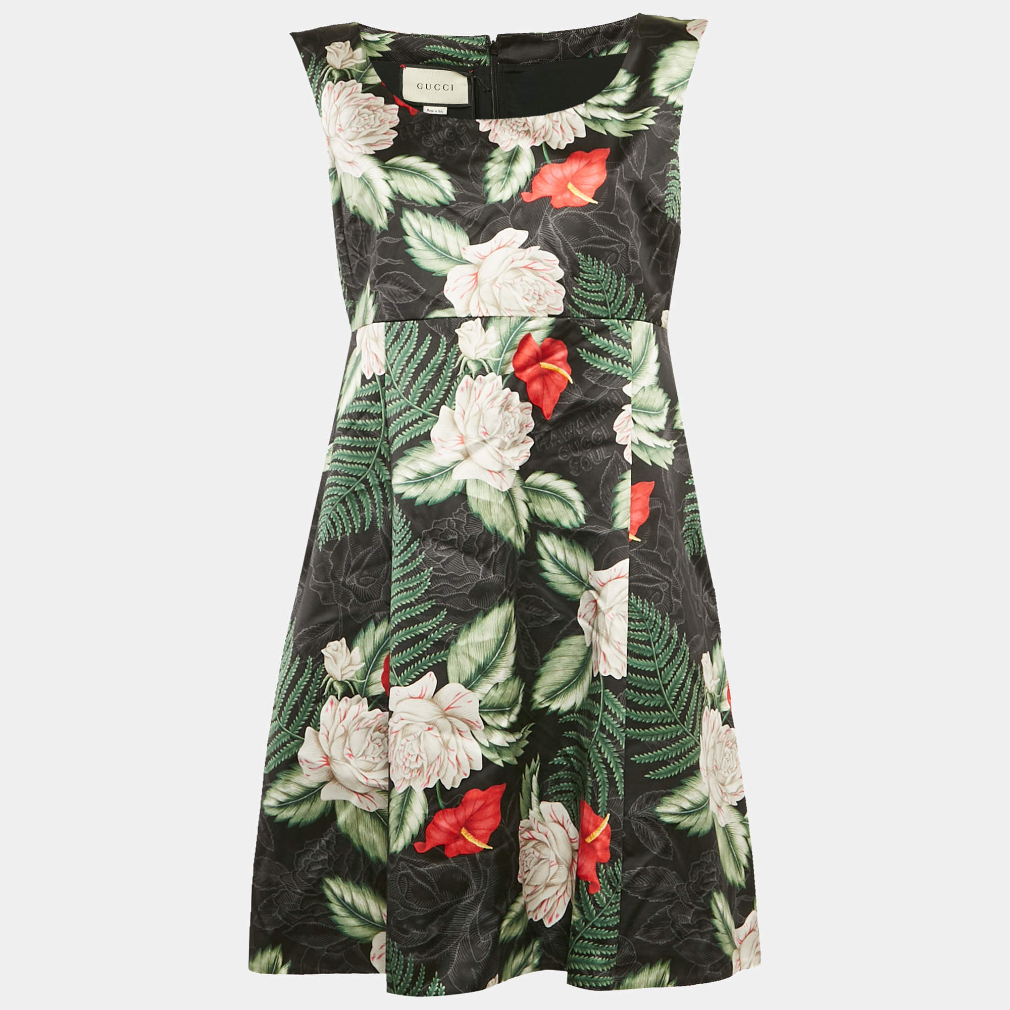 مملوكة مسبقًا فستان غوتشي ساتان حرير أسود مطبوع بدون أكمام قصير مقاس كبير (لارج)