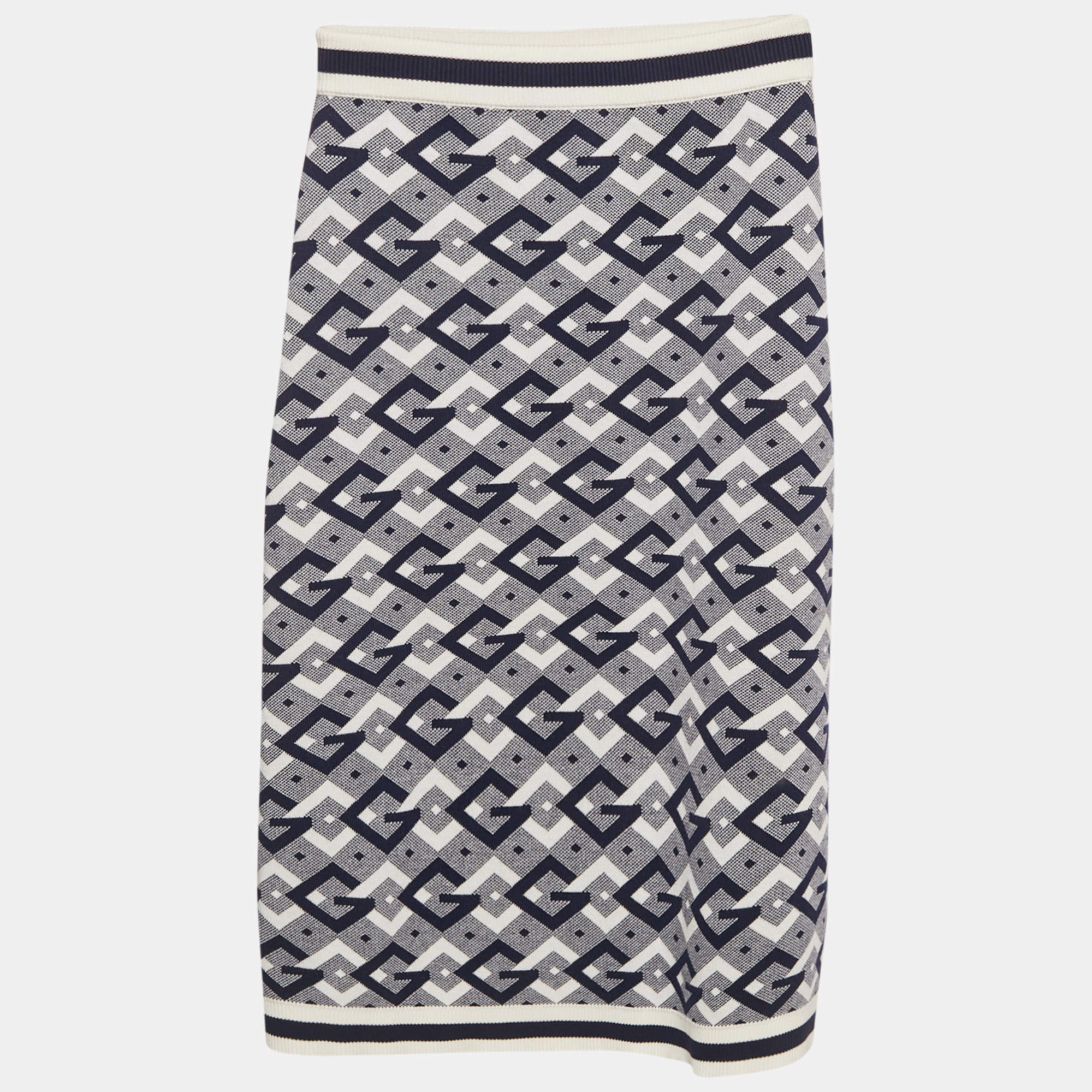 Pre Owned Gucci Navy Blue Cotton Jacquard Knit Knee-Length Skirt XS