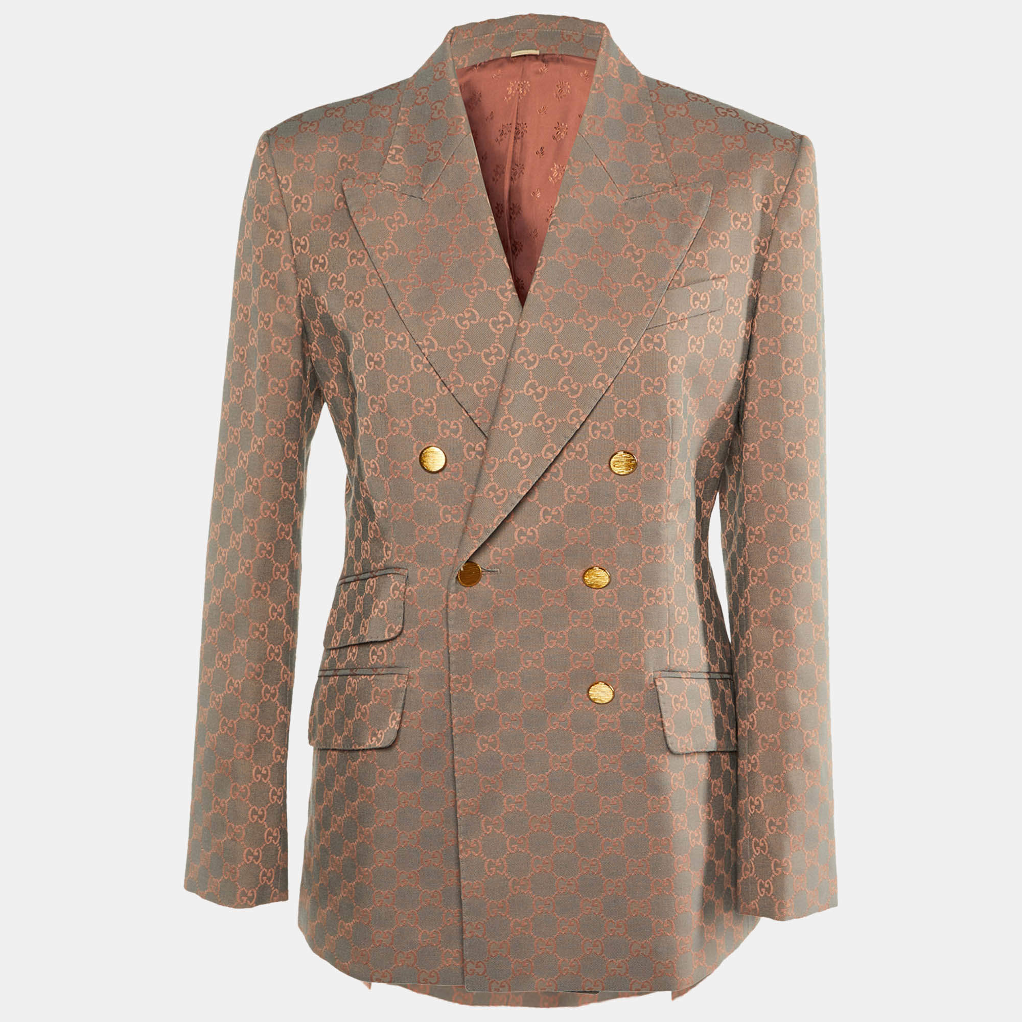 Gucci Coral Pink/Grey GG Jacquard Double Breasted Blazer M