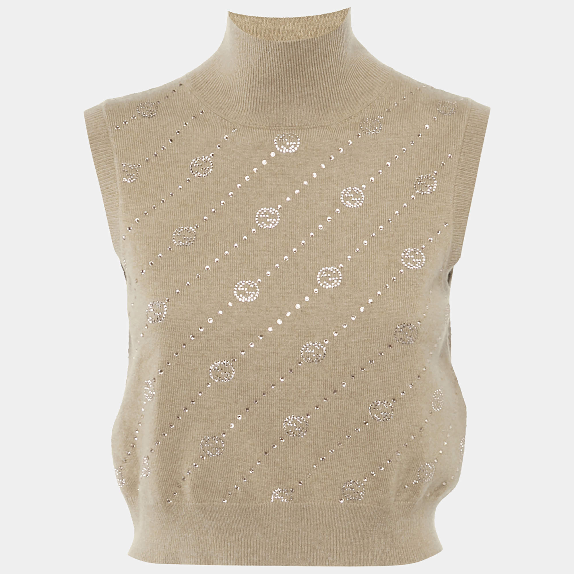 Gucci Brown Studded Cashmere Knit Sleeveless High Neck Top S