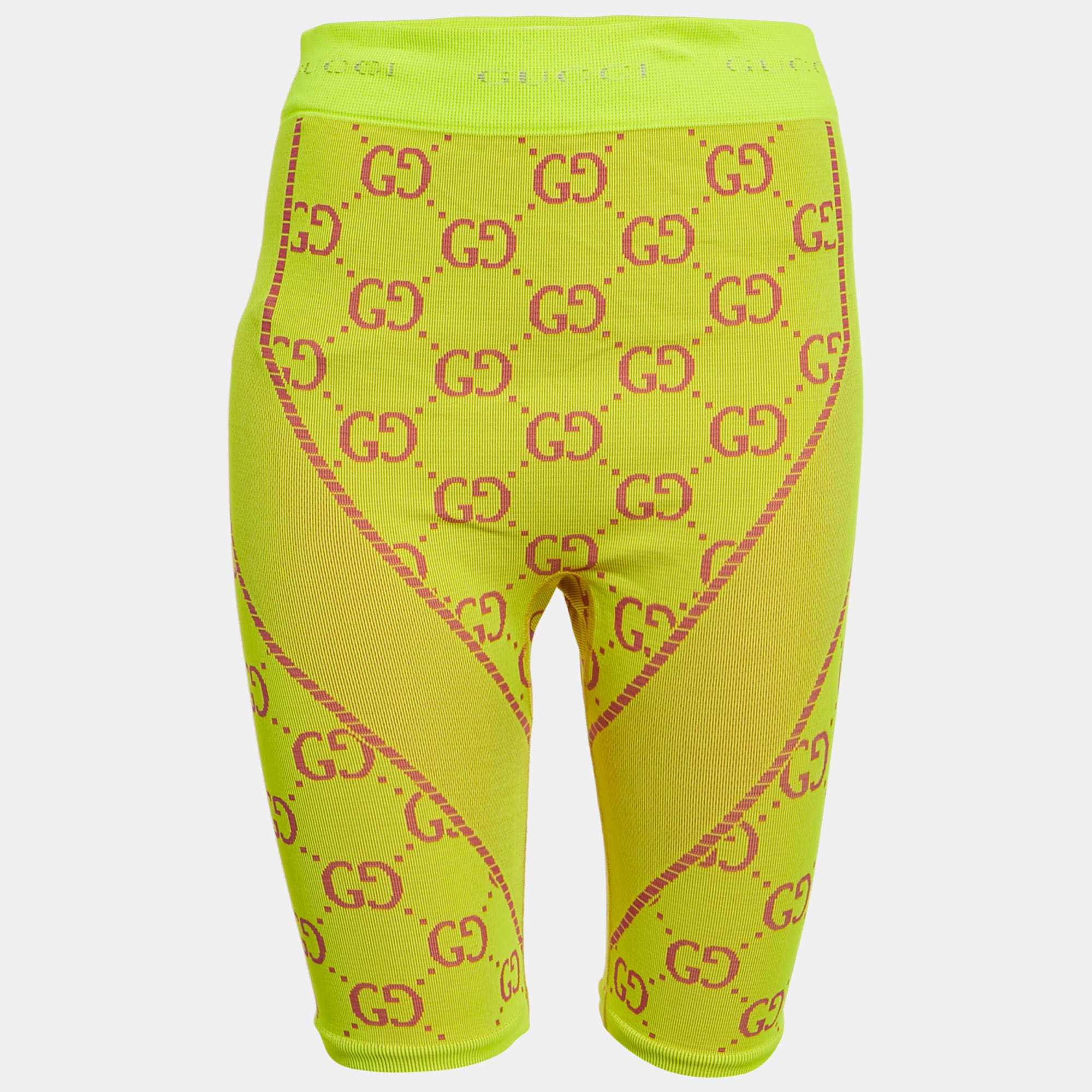 Pre Owned Gucci Acid Green GG Jacquard Jersey Biker Shorts M