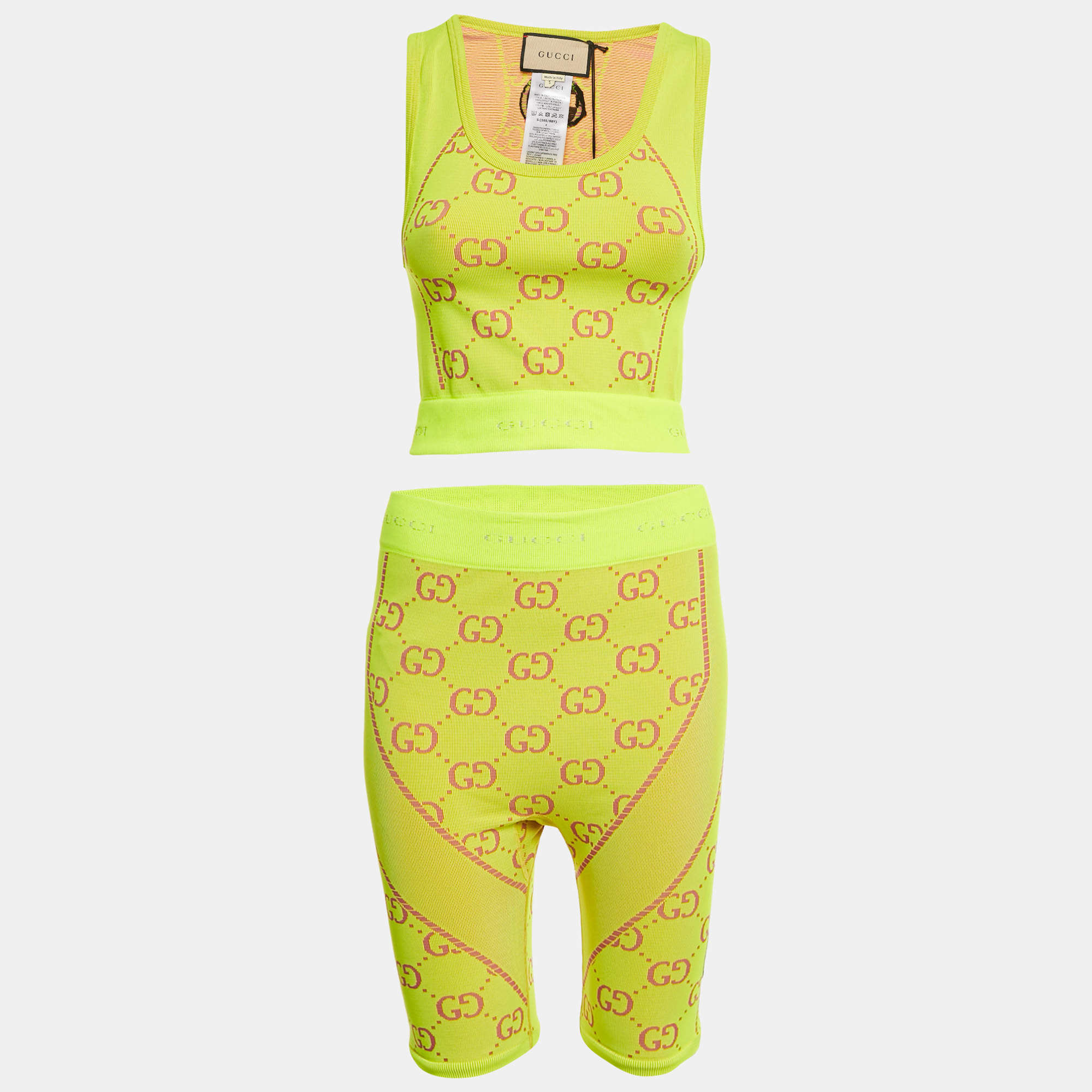 Pre Owned Gucci Acid Green GG Jacquard Technical Crop Top and Biker Shorts Set S/M