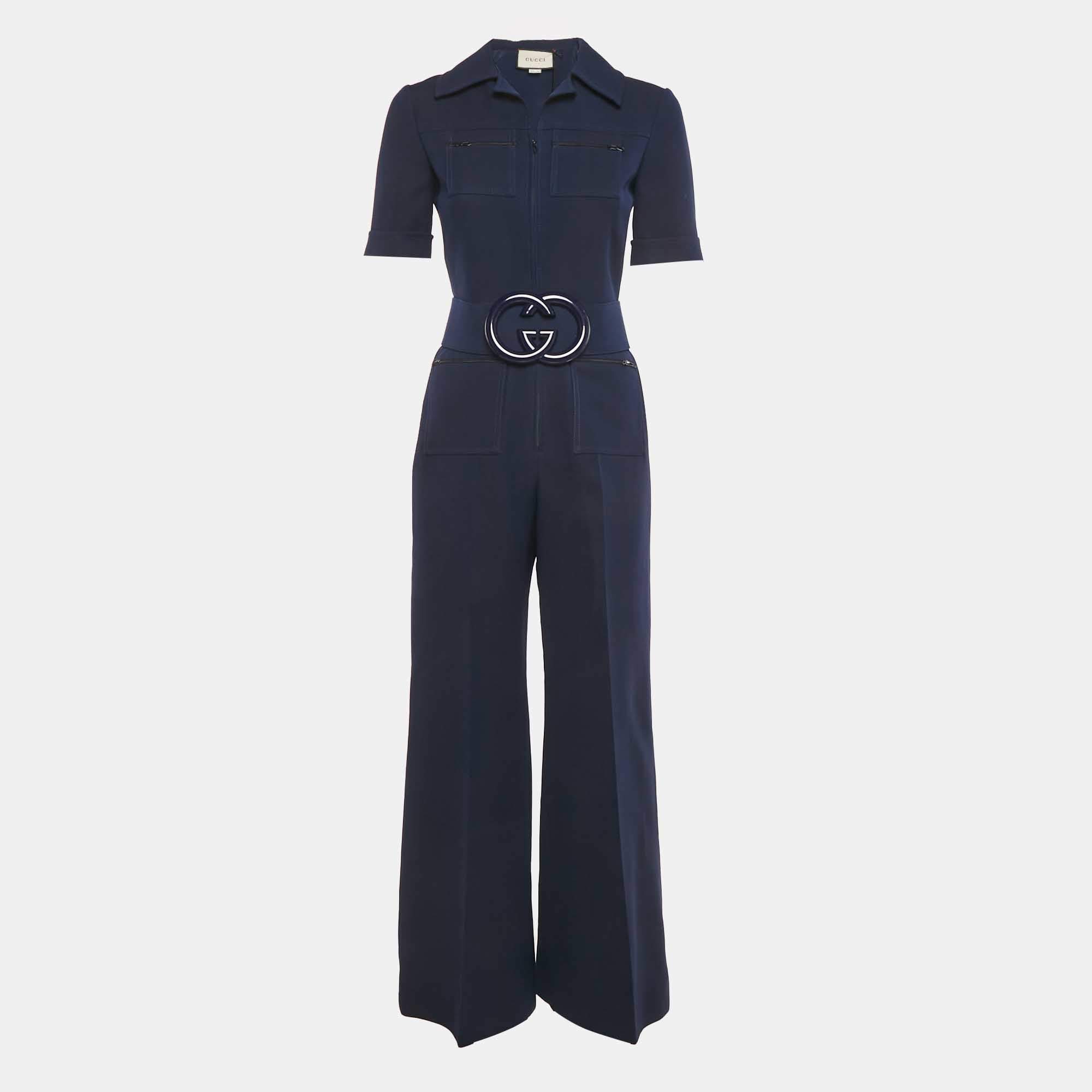 Pre Owned Gucci Navy Blue Wool Blend Logo Belted Flared Jumpsuit S 
