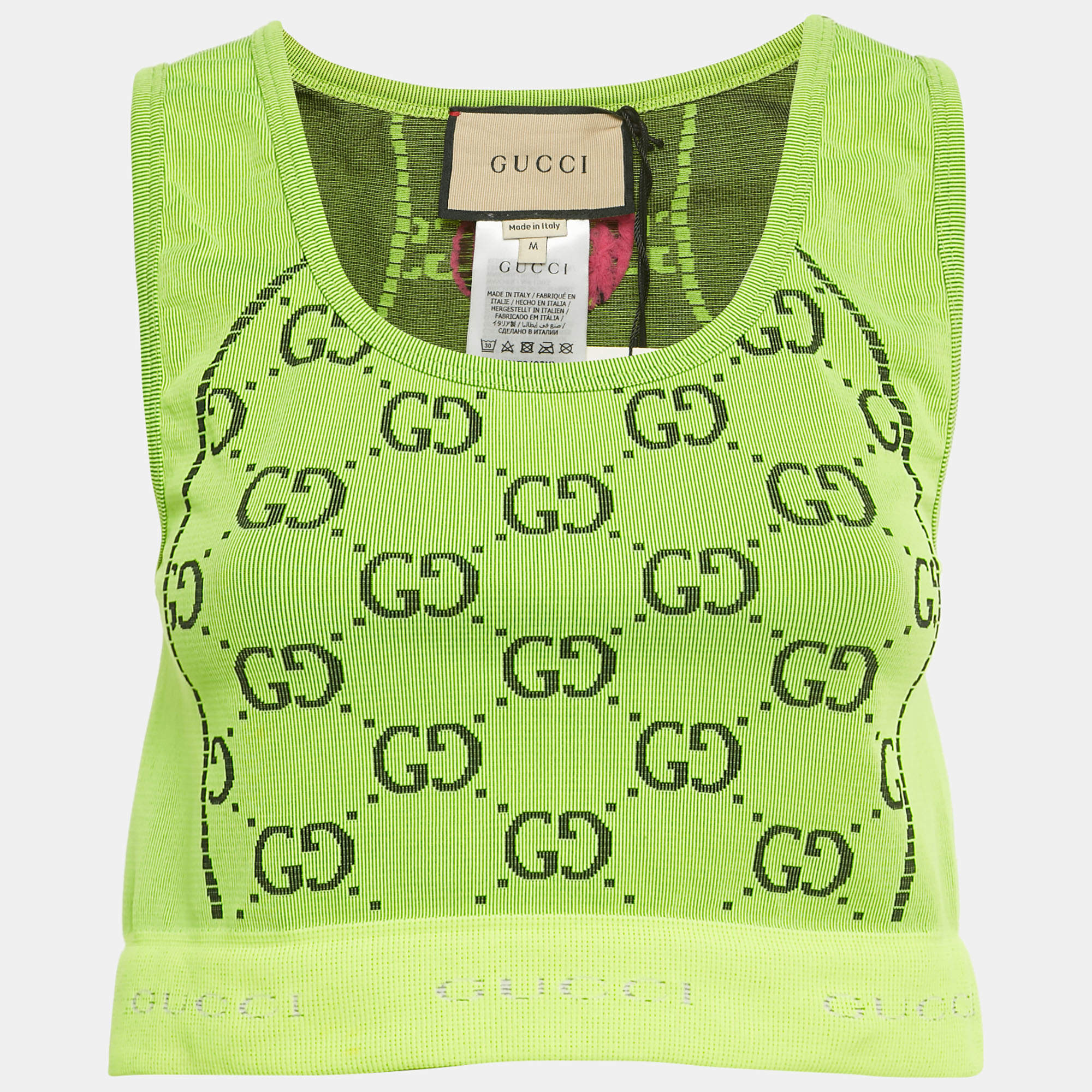 Pre Owned Gucci Fluorescent Green GG Jacquard Crop Tank Top M