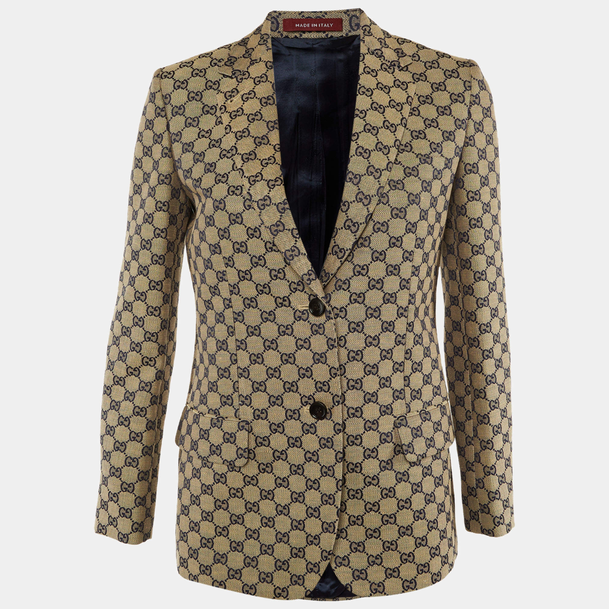 Pre Owned Gucci Beige/Blue GG Supreme Linen Blend Tailored Jacket S