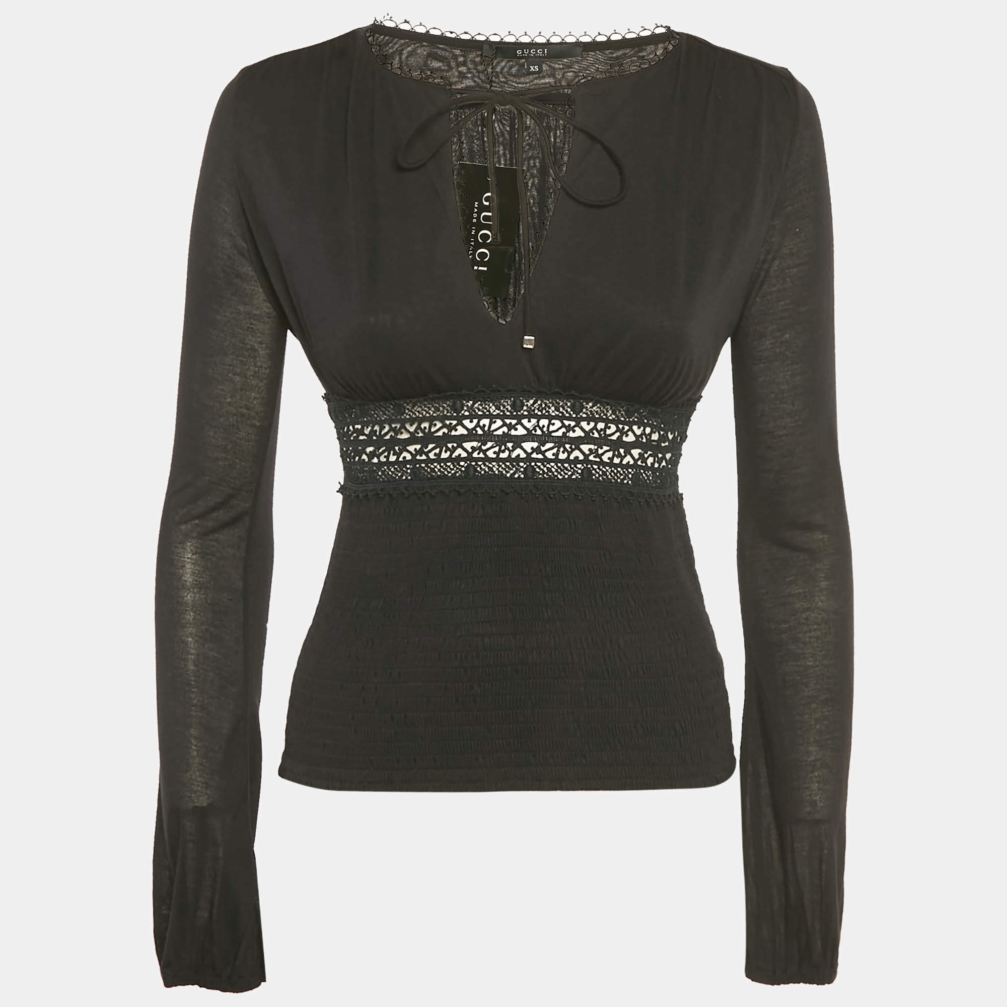 Pre Owned Gucci Black Lace Trim Jersey Shirring Top XS