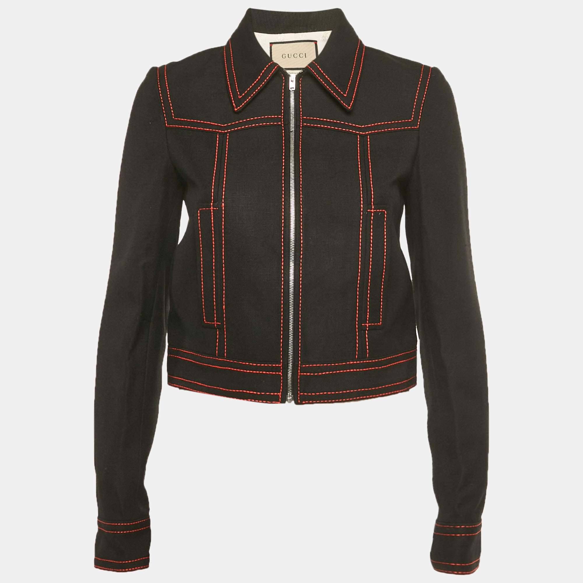 Pre Owned Gucci Black Denim Hoywood Babylon Embellised Zip Front Jacket XS