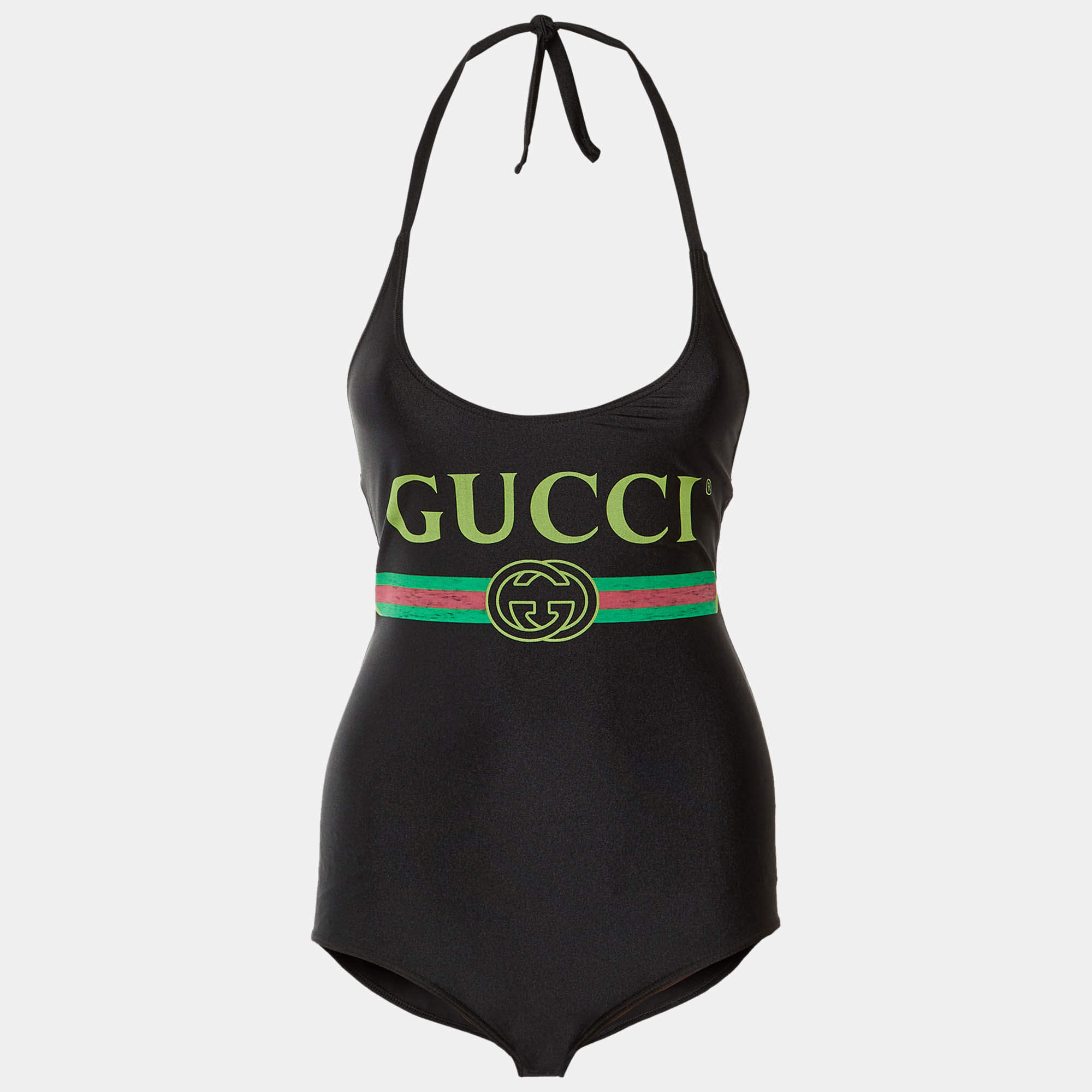 Pre Owned Gucci Black Logo Print Jersey Swimsuit XXS
