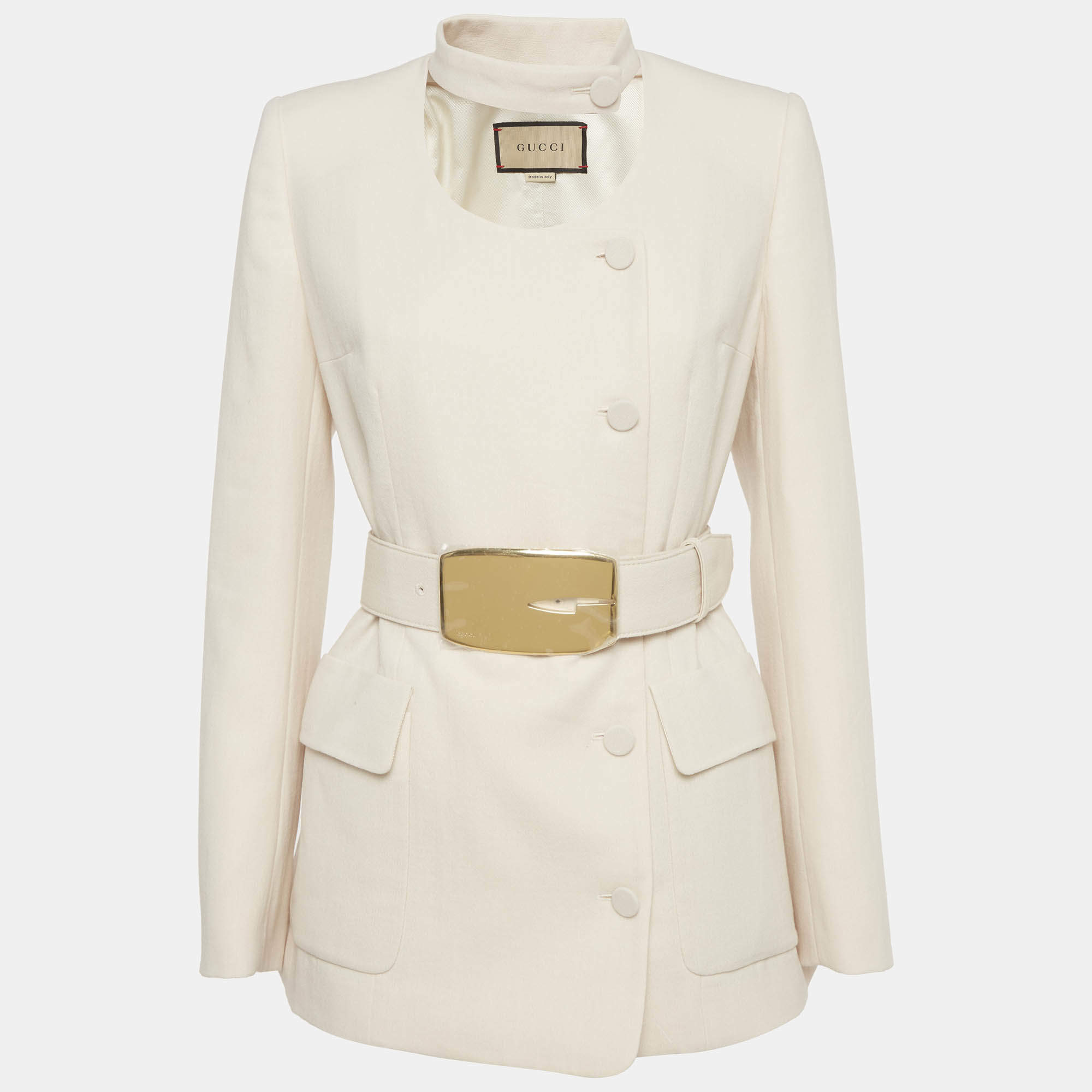 مملوكة مسبقًا Gucci Beige Wool Blend Detachable-Collar Belted Coat S