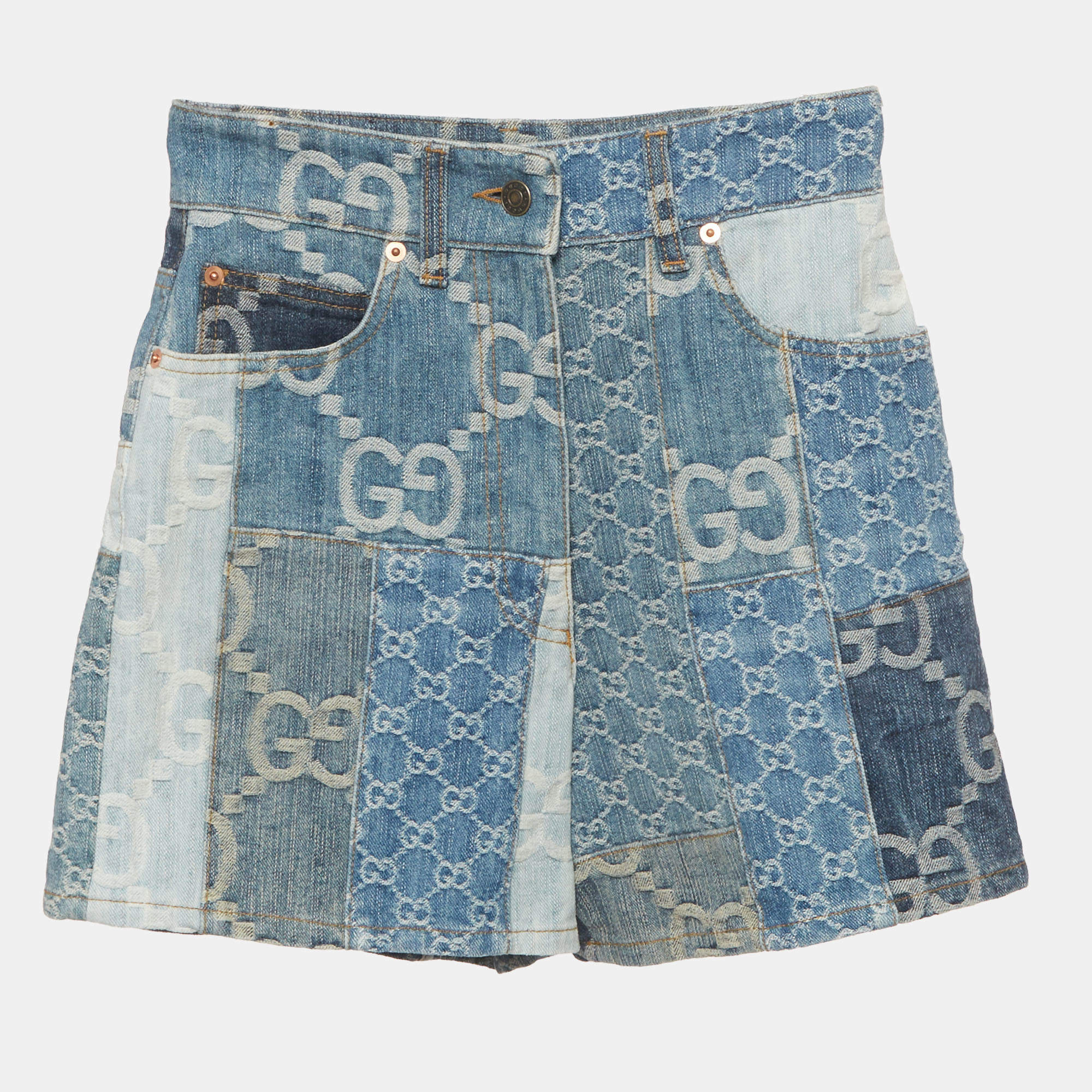 مملوكة مسبقًا Gucci Blue Monogram Denim Jacquard Patchwork Shorts XXS