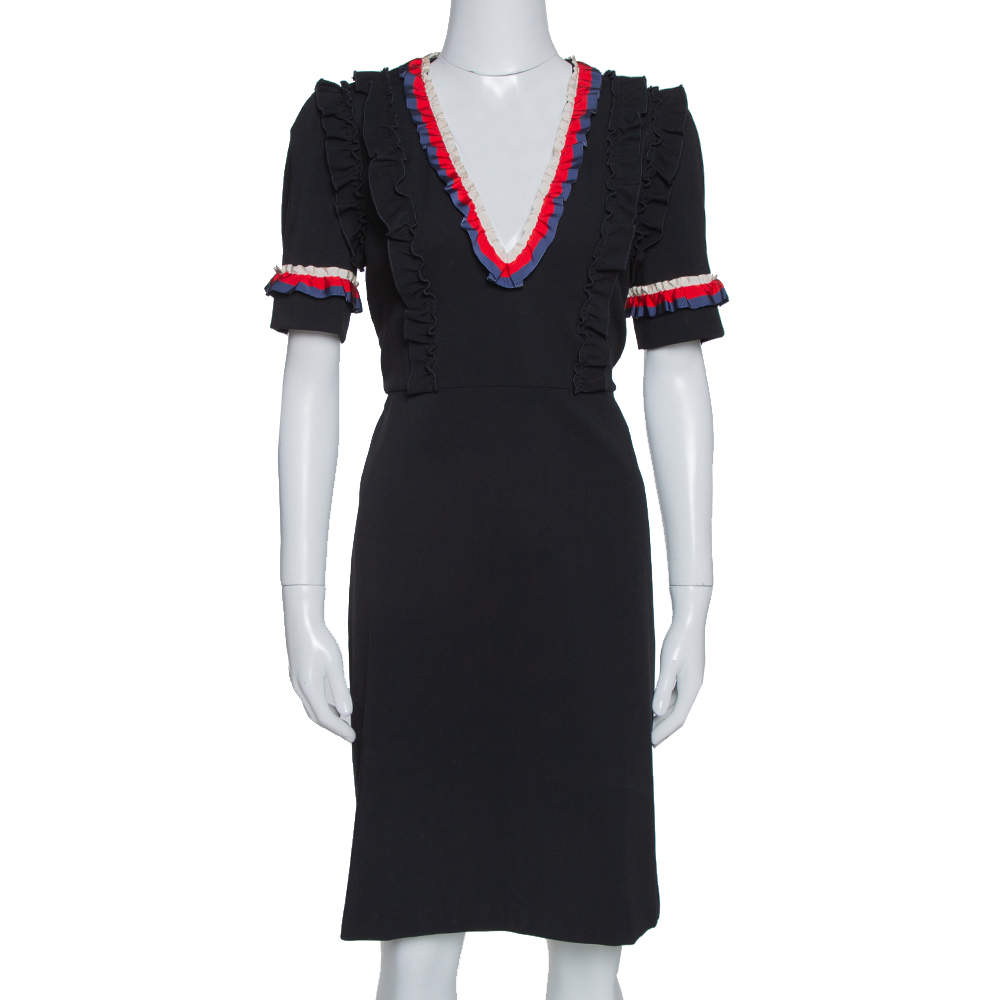 مملوكة مسبقًا  فستان غوتشي حواف ويب منفوشة جيرسيه أسود مقاس كبير (لارج)