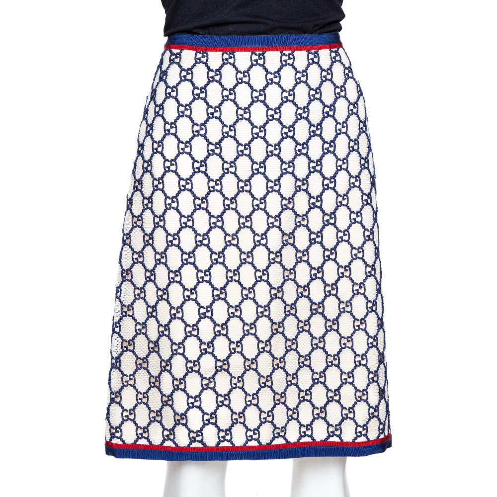 Gucci Navy Blue & Cream GG Macrame Overlay A-Line Skirt M