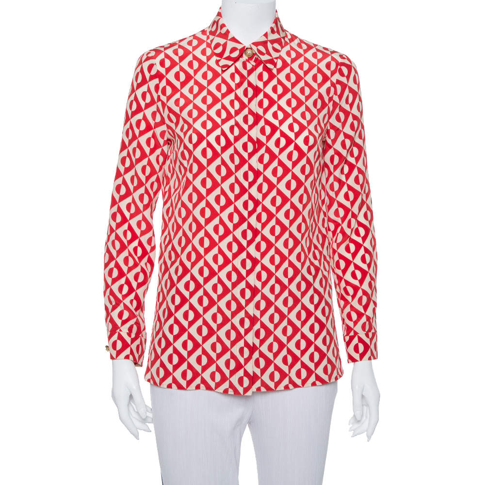 Pre Owned Gucci Red & Cream Silk Geometric Print Button Front Shirt S